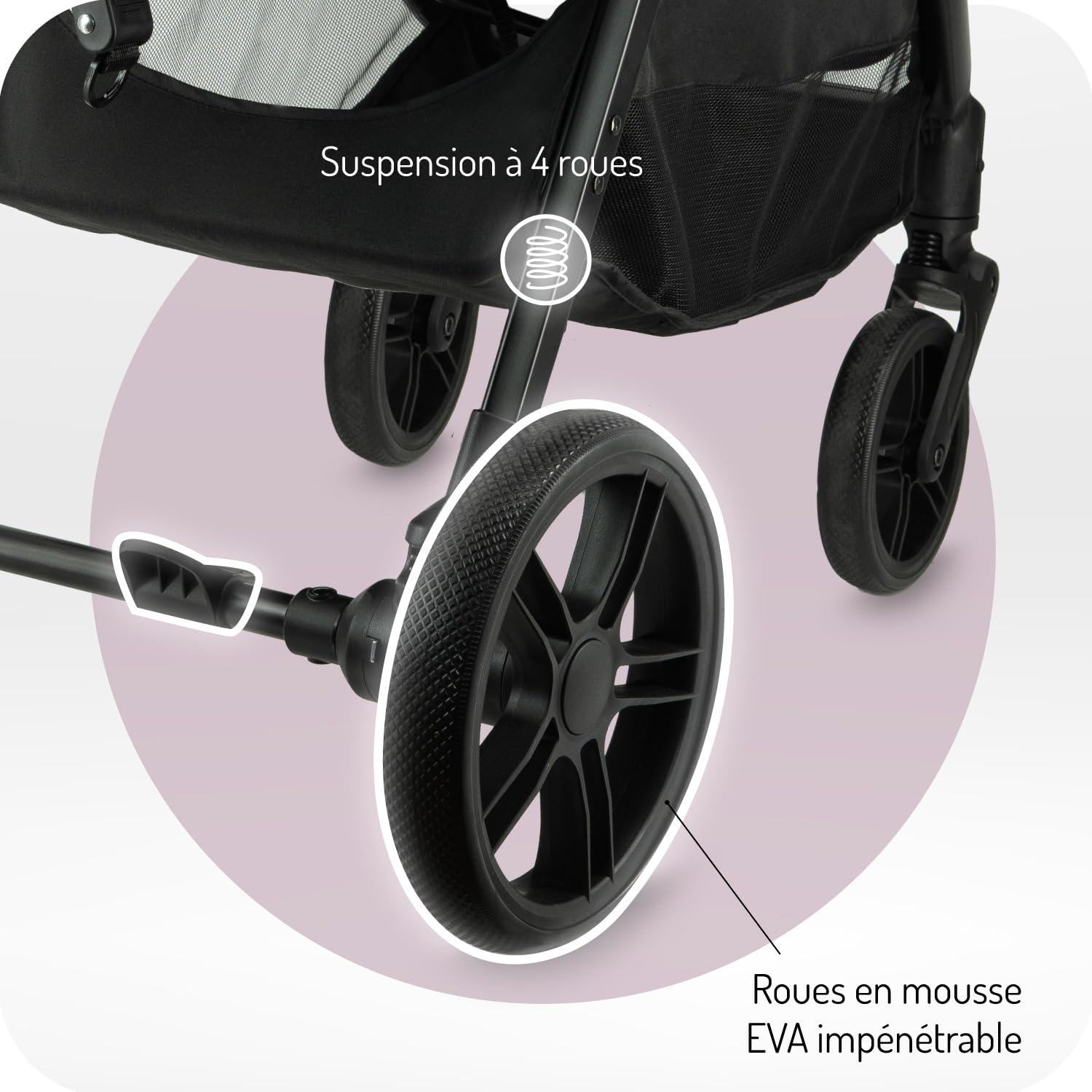 Poussette MoMi CLARA à partir de 6 mois, jusqu'à 22 kg de poids corporel, harnais de sécurité 5 points, couvre-jambes, porte-gobelet, panier de courses, sac, moustiquaire, habillage pluie