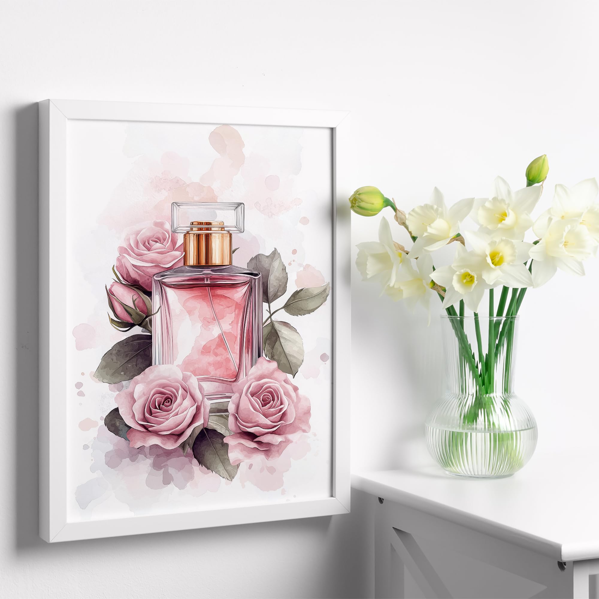 Nacnic Set de 4 Cuadros de Maquillaje y Cosmética Impresión Belleza Flores, Bolso, Perfume, Lápiz Labial ilustración para decorar las paredes del Inodoro, Tocador, Baño, Vestidor Salón A3 Marco Blanco