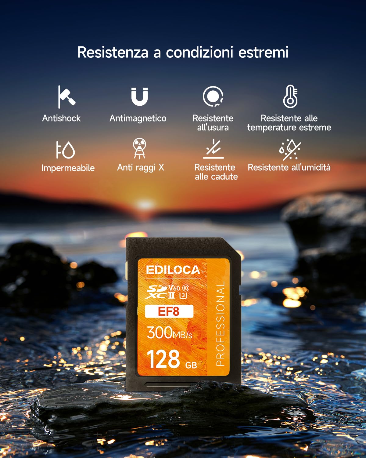 SD Card 128GB UHS-II Classe V60 per Fotocamere Professionali, Scheda SD ad Alta Velocità 300MB/s Impermeabile e Antishock, Memory Card Compatibile con Canon 4K/6K Video (EF8)