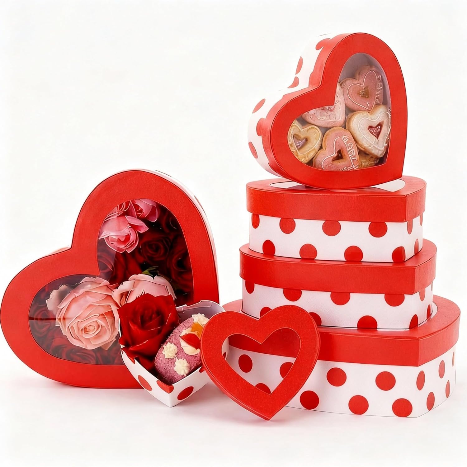 Cholemy 6 Pcs Heart Shaped Boxes with Clear Window Valentines Day Gift Boxes Nesting Heart Platic Storage Containers for DIY Projects Presents Candy Jewelry Mother's Day Gifts Exchange