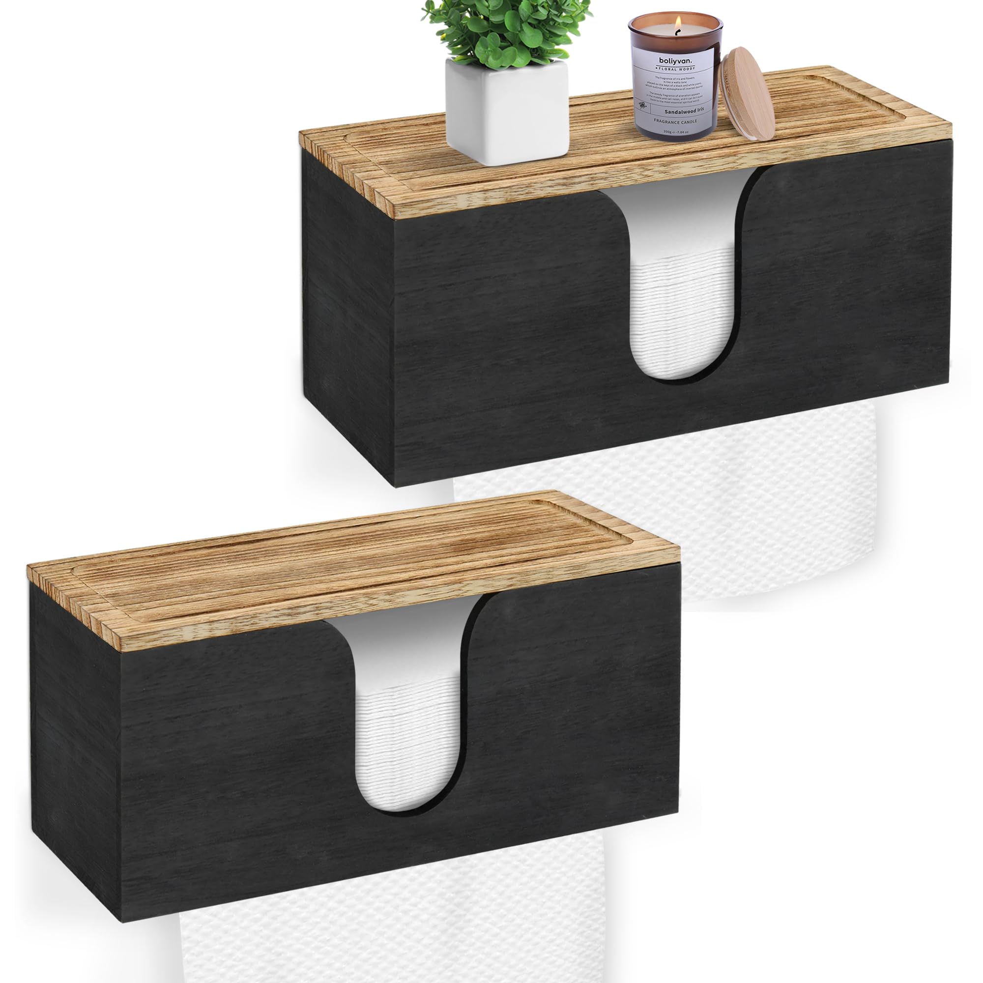 Paquete de 2 dispensadores de toallas de papel de madera maciza para montaje en pared, soporte plegable para toallas de papel con tapa, plegable en C, plegable en Z, dispensador de toallas de papel de