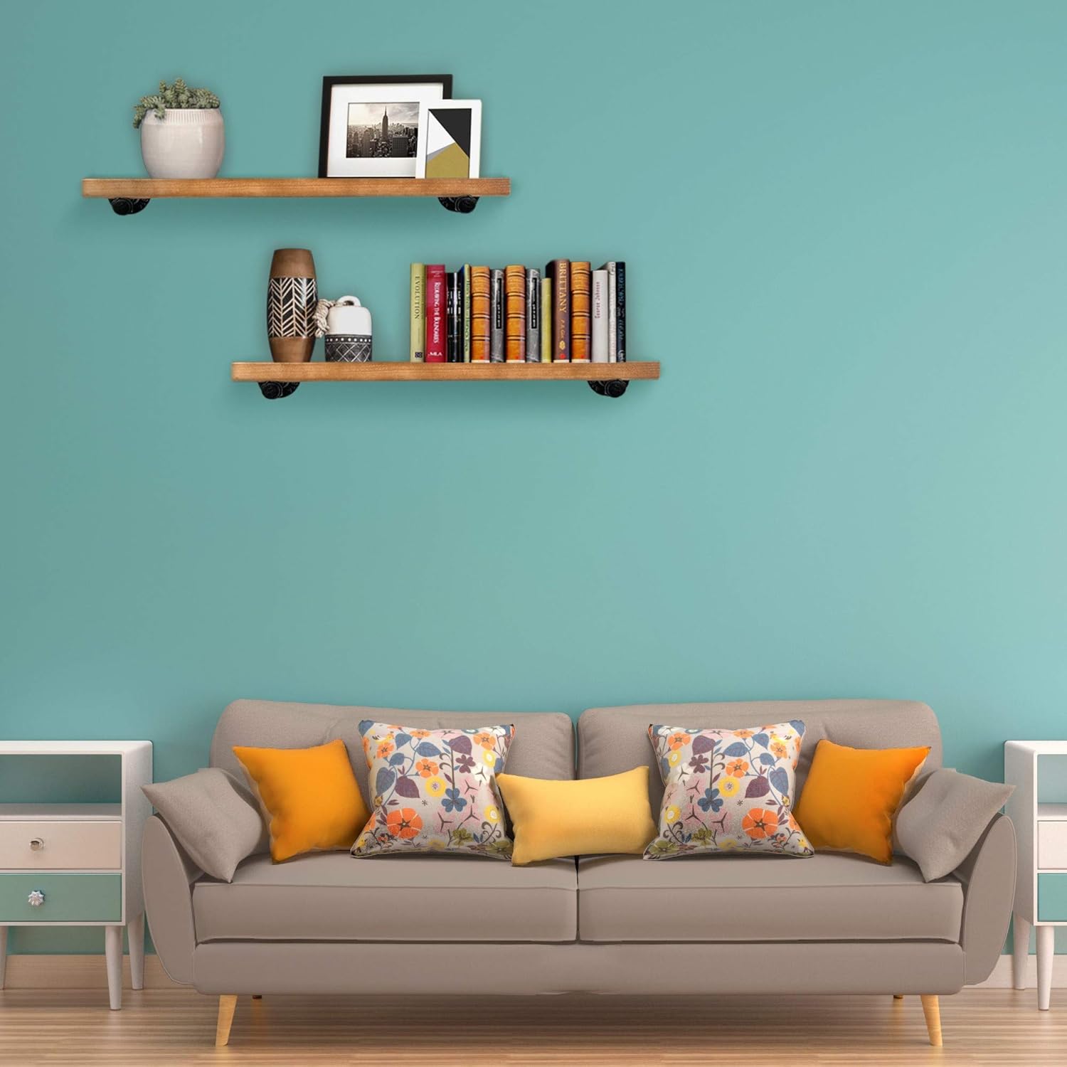 🛒 Crazy Deals TEN49 Industrial Wood Shelf - 24 Espresso Rustic Wooden Wall Shelves with Iron Pipes - Contemporary Interior Decor Floating Shelving with Pipe Brackets - Farmhouse Style Bookshelf Set of 2