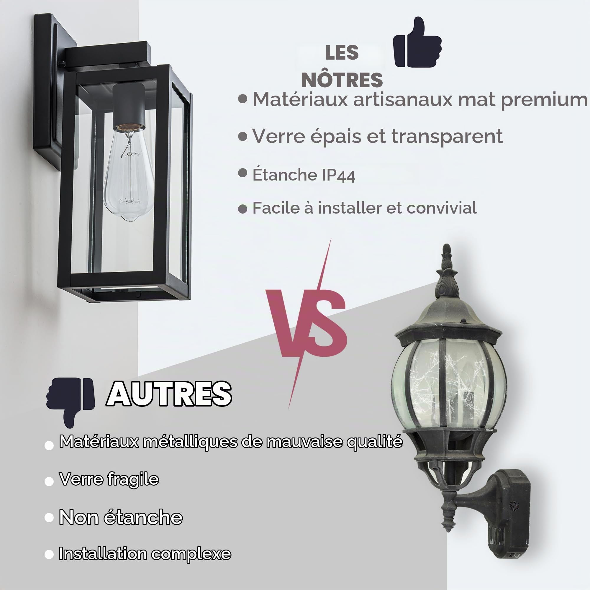 FTL Applique Murale Exterieur, Noir Mat Luminaire Lanterne Exterieur avec Abat Jour en Verre Transparen, Max 60W Porche Lampe Exterieur Murale E27, IP44 Étanche Éclairage Mural d'Extérieur, 2 Stück
