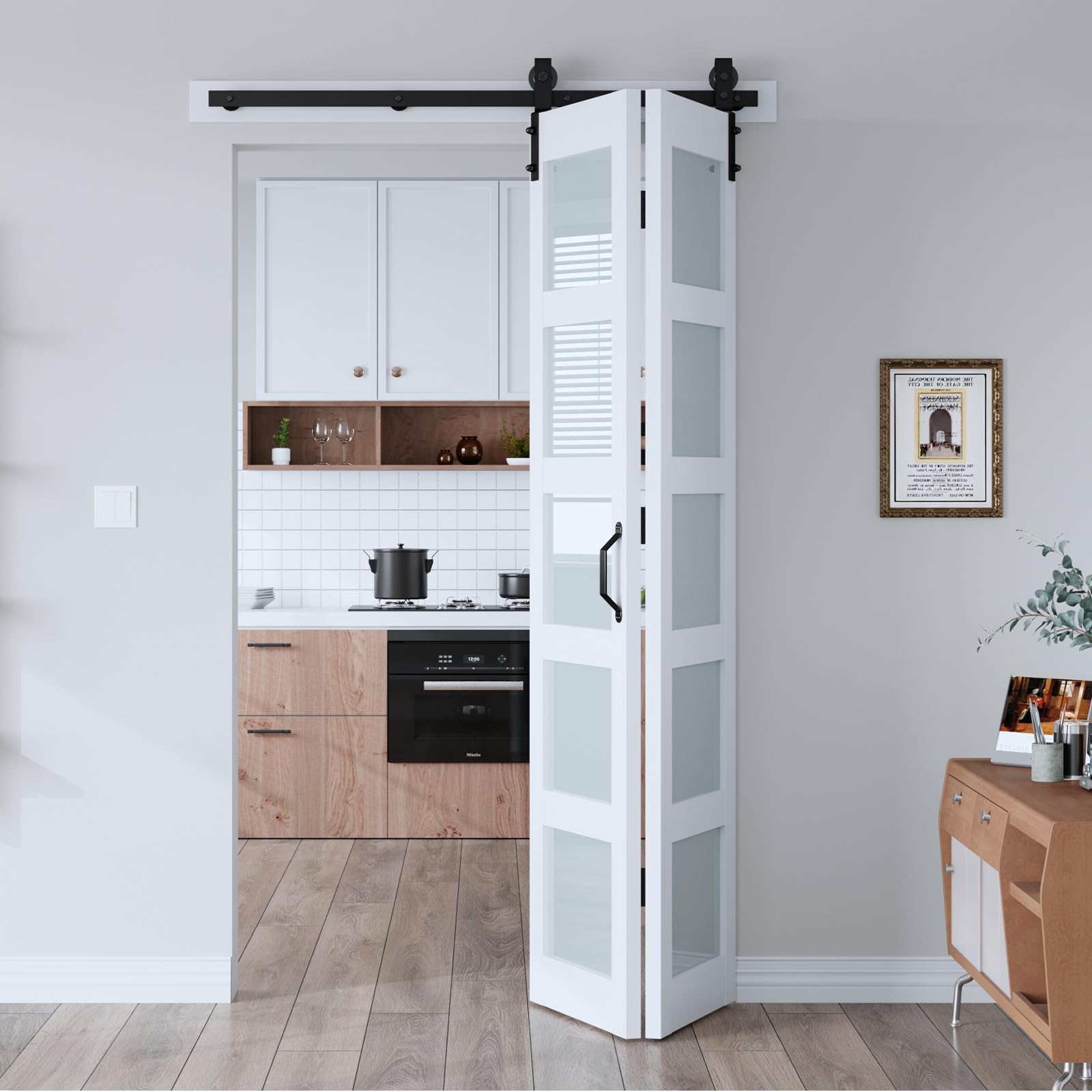 EaseLife 48"x 84" (Double 24" x 84") Bifold Barn Door, Bifold Sliding Barn Door with Hardware Kit, Solid MDF Wood Slab Covered with Water-Proof PVC Surface, Frosted Glass Panel, Assembly Required