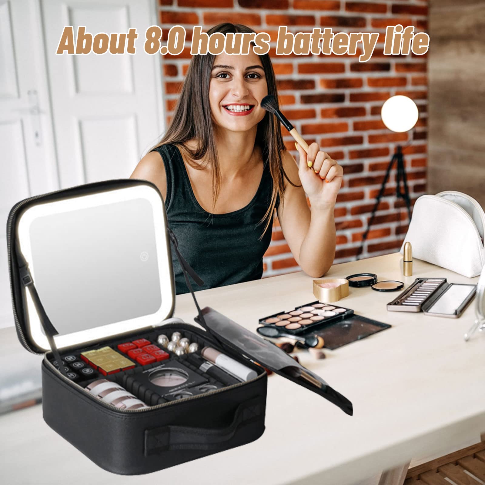 Make-up Tasche mit Spiegel,Reise Kosmetiktasche mit 3 Farben LED Licht und 1/10x Spiegel,Schminktasche mit Aufbewahrung von Make-up-Pinseln,Make up Organizer Tasche mit Verstellbaren Trennwänden