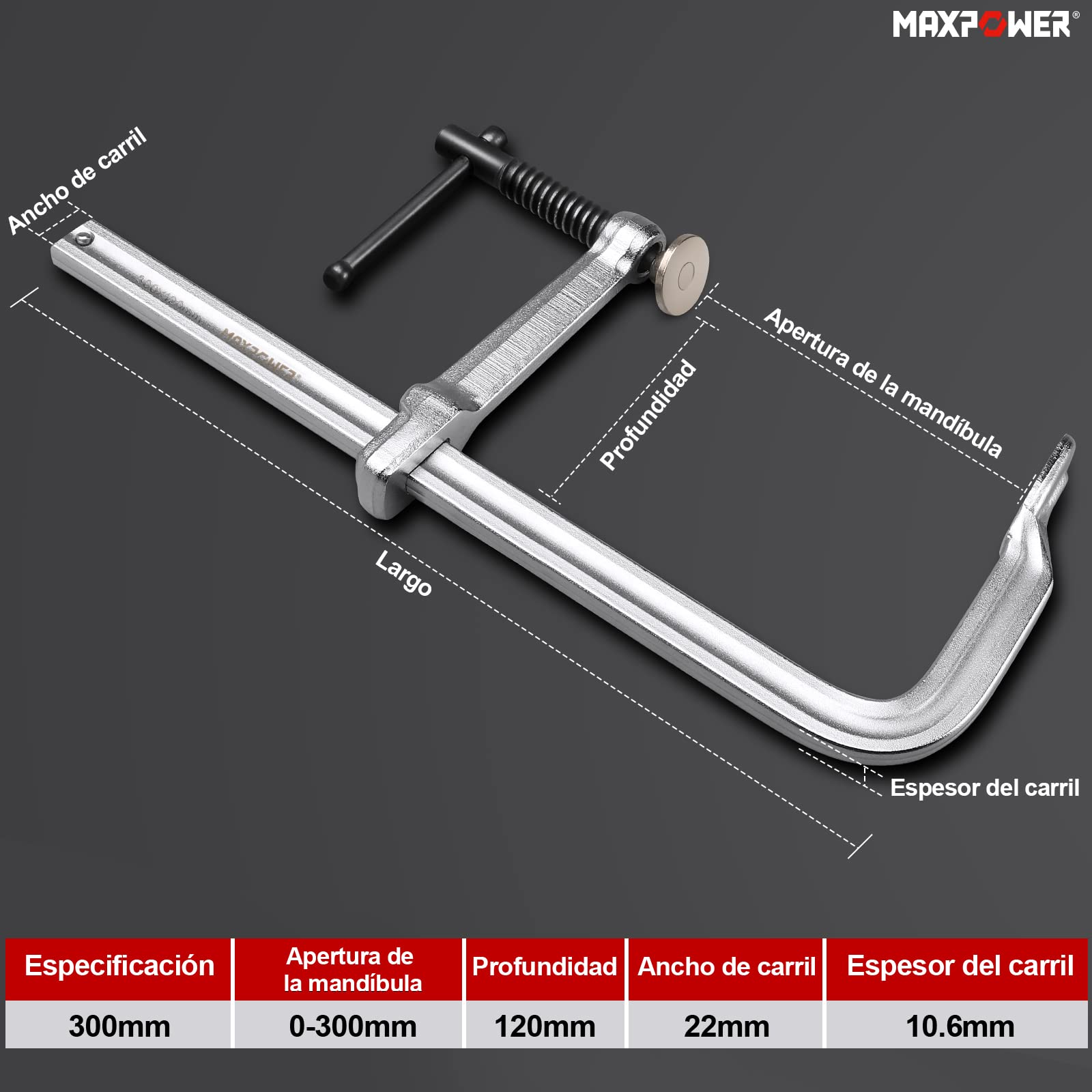 MAXPOWER Sargentos Carpintero, Metal Sargento de Tornillo Sargento de Barra Mordaza Carpintero de Acero 4 Piezas, 300 x 120 mm