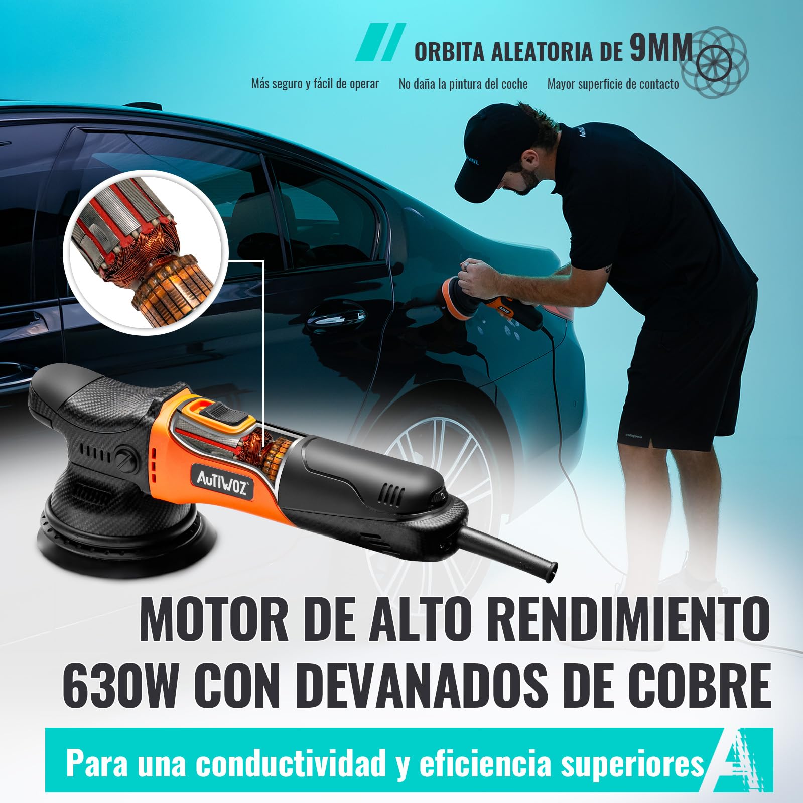 AUTIWOZ 630W Pulidora Coches Orbital 9mm,125mm Kit de Pulido,Excéntrica Máquina de Pulido,Pequeña Pulidora con 6 Velocidades Variables (2000-6200 rpm), para Detallado Automotriz-W01