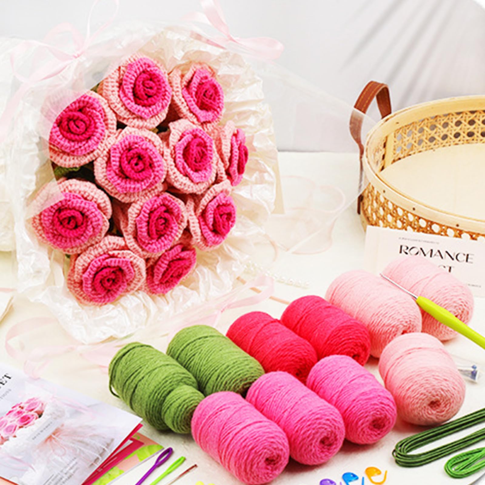 Montesy Set di bouquet di fiori all'uncinetto per adulti e principianti, include istruzioni passo passo per passo all'uncinetto e ago per maglieria