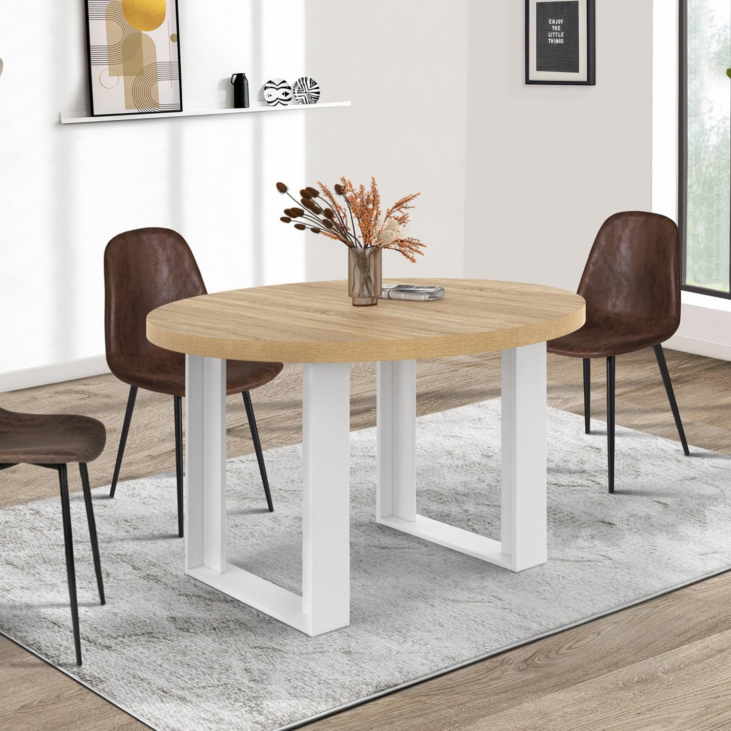 IDMarket Phoenix - Mesa de comedor extensible redonda (4 – 6 personas, madera y blanco, 110 – 150 cm)