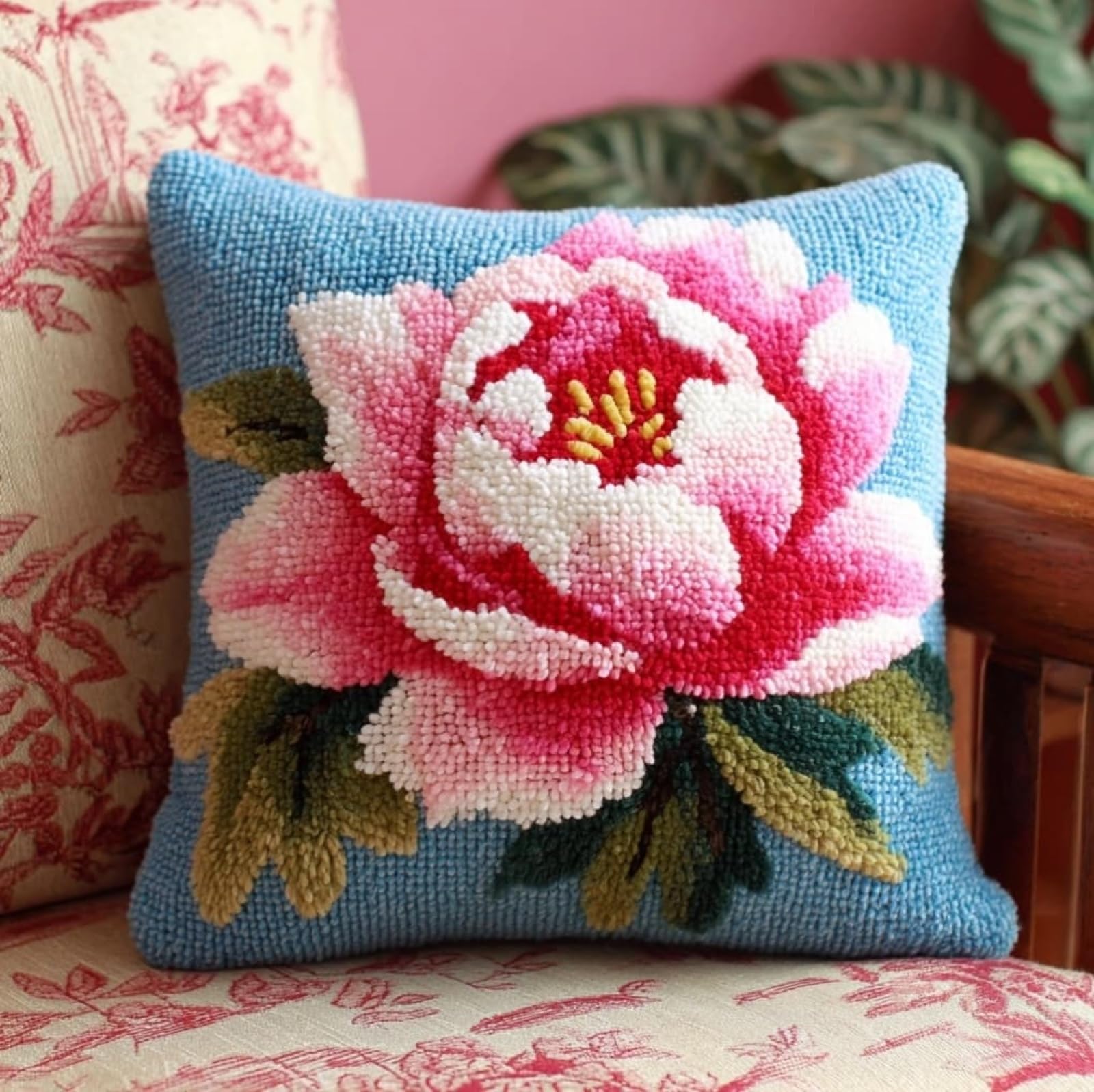 AxiangziK Latch Hook Pillow Making Set,Pink Peony 43x43cm DIY Sofa Cushion Kit Suitable for Beginners and Experienced Crafters