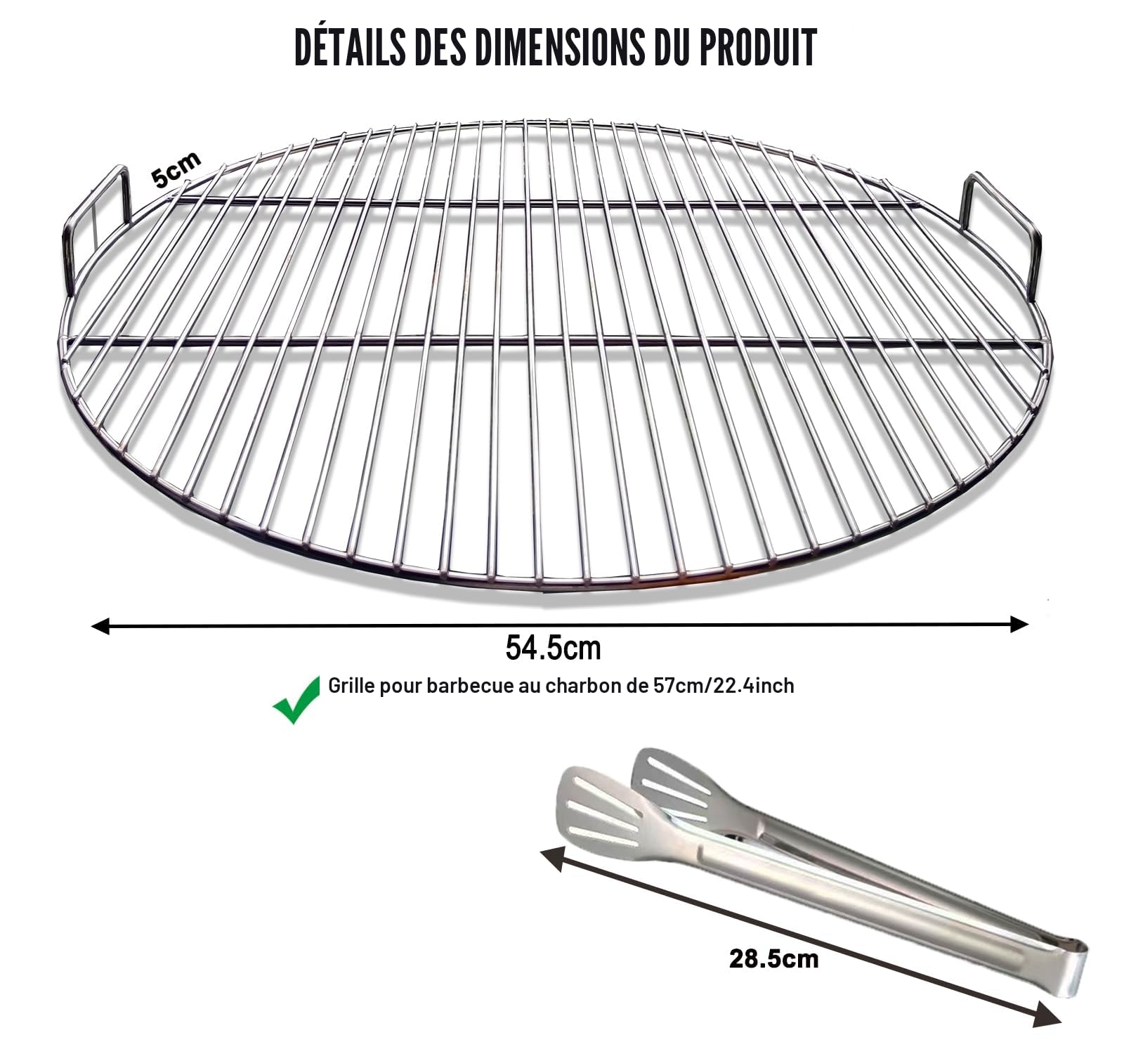 304 Grille de Barbecue Ronde en Acier Inoxydable avec poignée, diamètre 54,5 cm pour Barbecue au Charbon de Bois de 57 cm e.g Weber, avec Pince à Barbecue