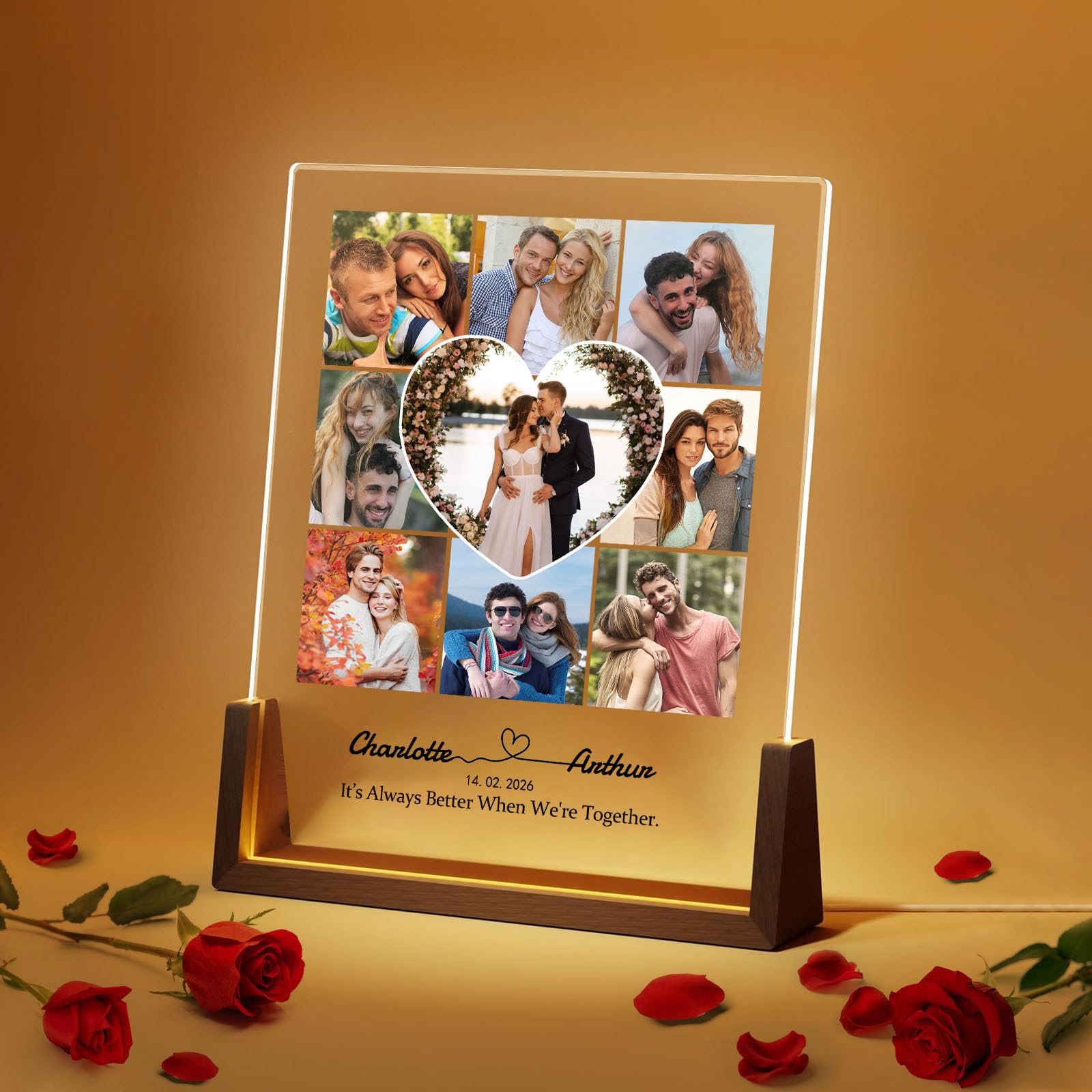 Customized Valentine's Day Gifts, Personalized Light up Photo Frame, Acrylic Night Light Customizable Any Photos, Names Date Memorial Gifts for Girlfriend, Boyfriend, Wife, Husband, Couples