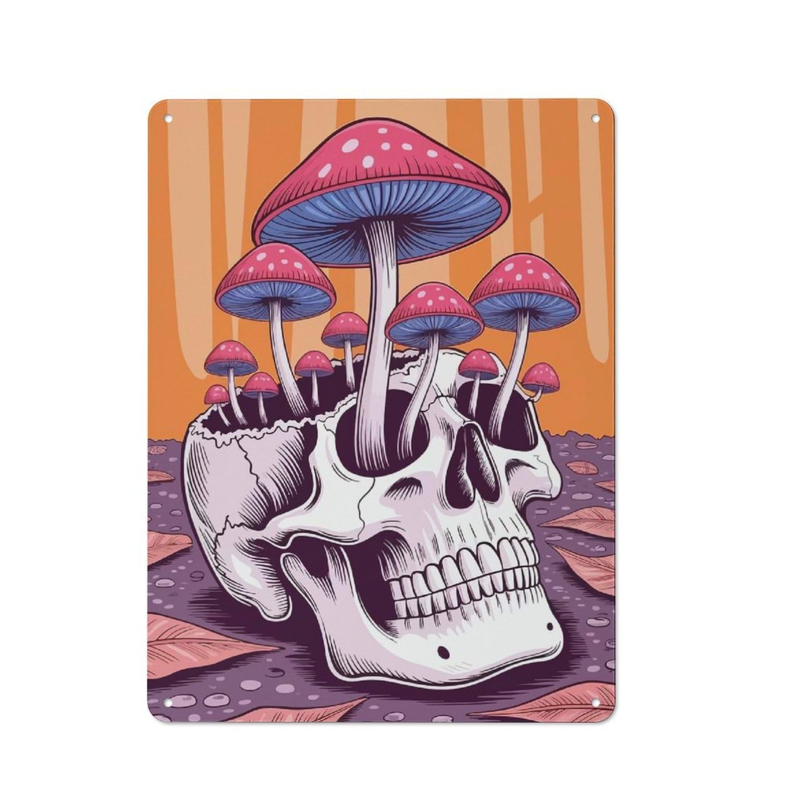 Junmoney Skull With Mushrooms Illustration Vintage Tin Sign 40X30cm For Hobby Room Or Studio, A New Home Present For Creative Interior Collectors