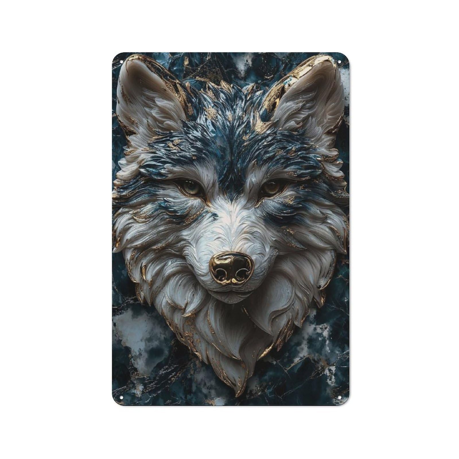 Junmoney Style-2 Metal Wall Sign 30X20cm Featuring Kintsugi Lone Blue Wolf For Garage Or Workshop, Suited To Diy Enthusiasts
