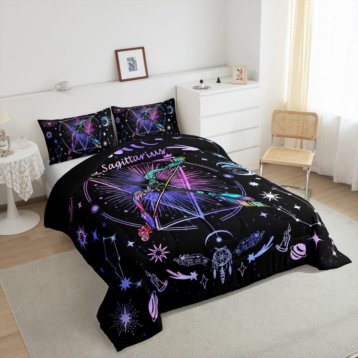 Manfei Sagittarius Comforter Set Queen Size, Galaxy Sun Moon Stars Bedding Set 3pcs for Kids Boys Girls, Trippy Astrology Quilt Set Twelve Constellations Zodiac Duvet Set with 2 Pillowcases