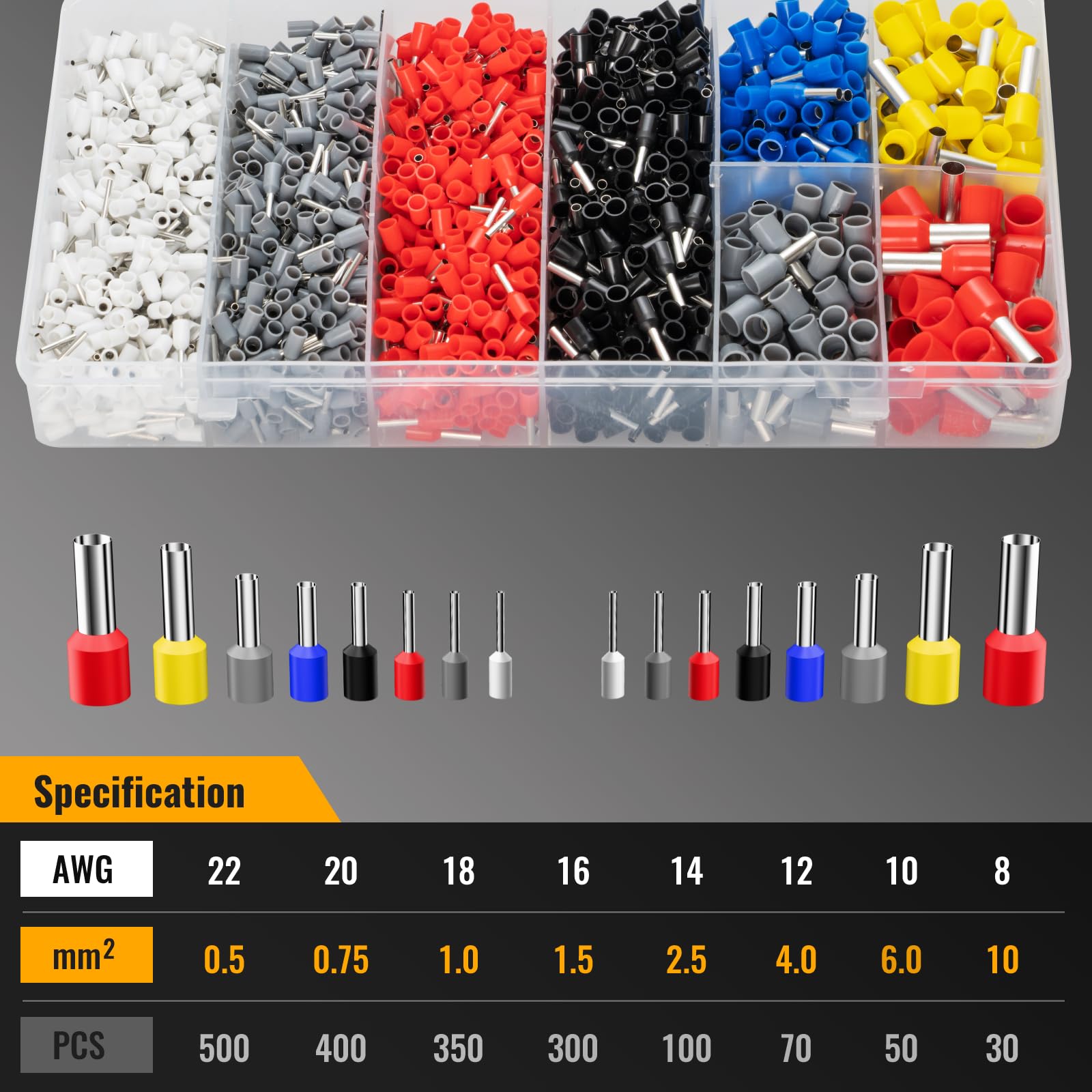 Kit de herramientas de crimpado de virola de alambre, 1800 unidades, alicates de crimpado autoajustables para 0,25-10 mm² AWG 23-7, kit de casquillos de alambre, terminales de pin,