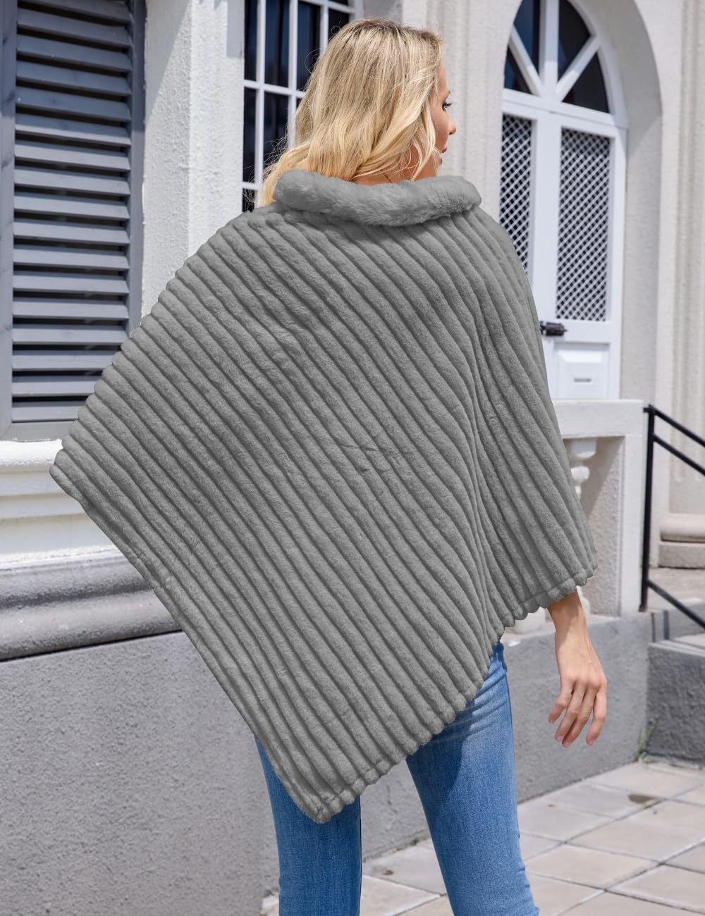 Ferand - Poncho Femme Douillet à Rayures en Fausse Fourrure, Pull Châle Doux pour l'hiver