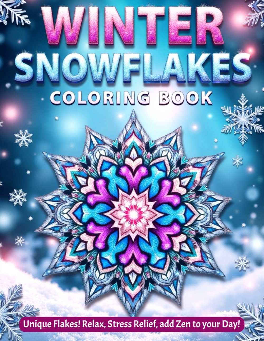 WINTER SNOWFLAKES COLORING BOOK: Unique Flakes! Relax, Stress Relief, add Zen to your Day!