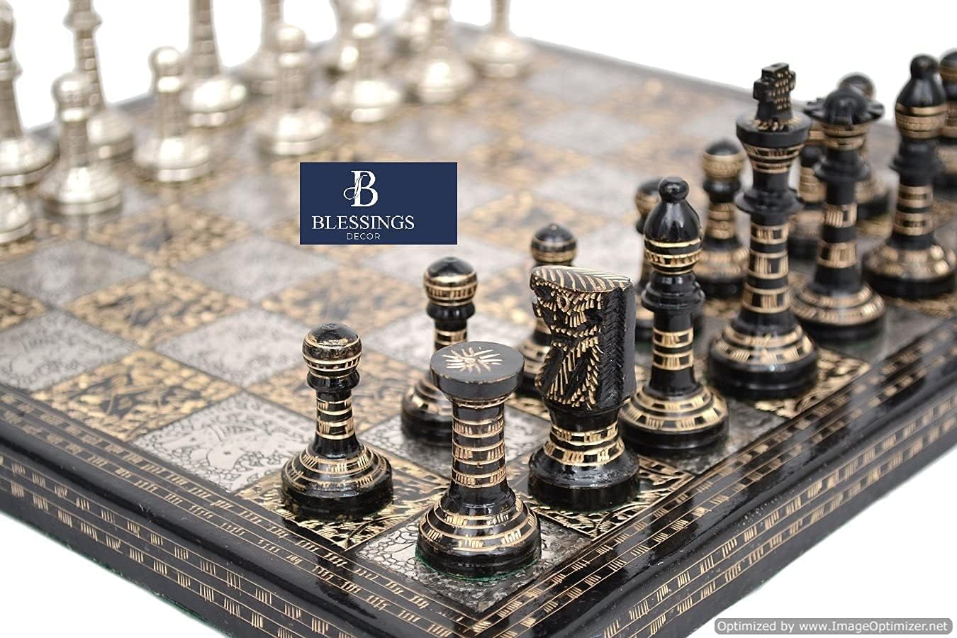 Guruji Divinity Collectible Premium Metal Brass Chess Board Game Set Brass Chess Pieces Men stored in Velvet Storage Box. (10 X 10 in)