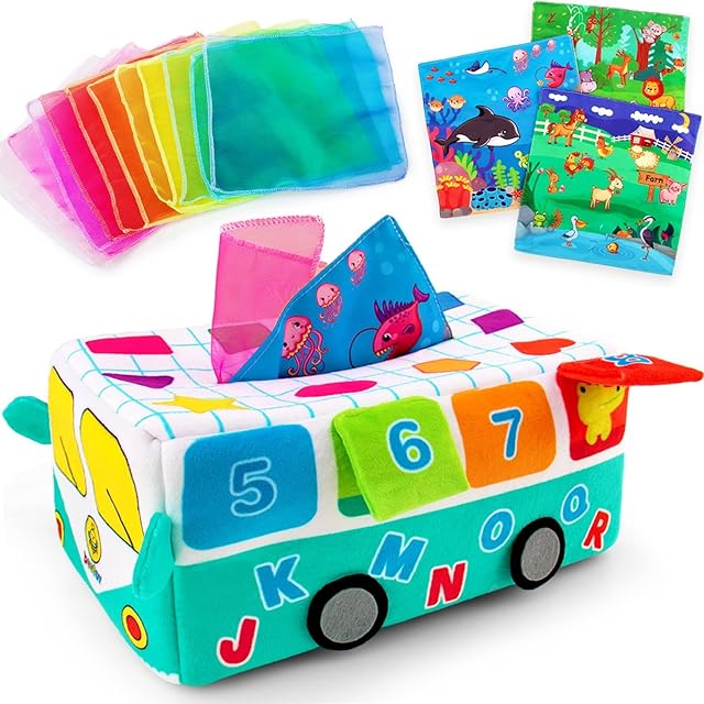 beetoy Baby Tissue Box Toy, Soft Stuffed High Contrast Baby Toys 6-12 Months Sensory Montessori Toys with Crinkle Tissue Papers Colorful Juggling Rainbow Dance Scarves for Toddler, Infants, Newborns