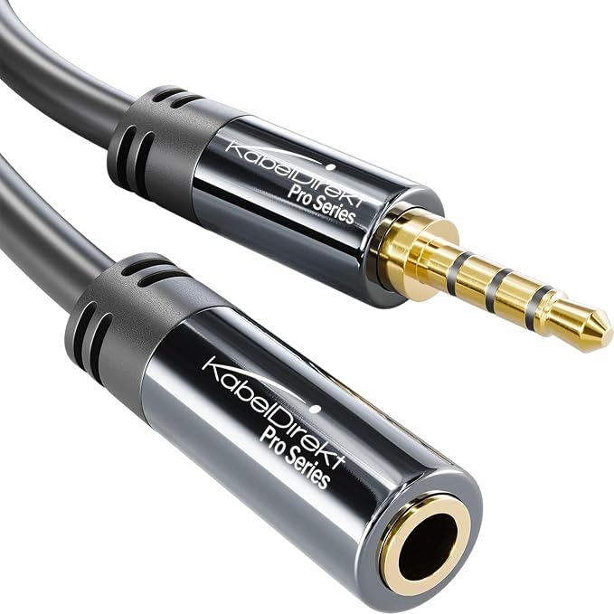 KabelDirekt – Kırılmaz metal gövdeli kulaklık uzatma kablosu – 2m (uzatma, oyun kulaklıkları veya mikrofonlu kulaklıklar için idealdir, TRRS 4 pinli, 3,5mm fişten sokete)