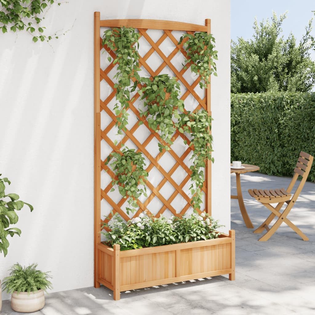Donica z trejażem drewniana brązowa lite drewno jodłowe 90x35x180 cm do roślin pnących na taras patio ogród skrzynia balkonowa z kratą