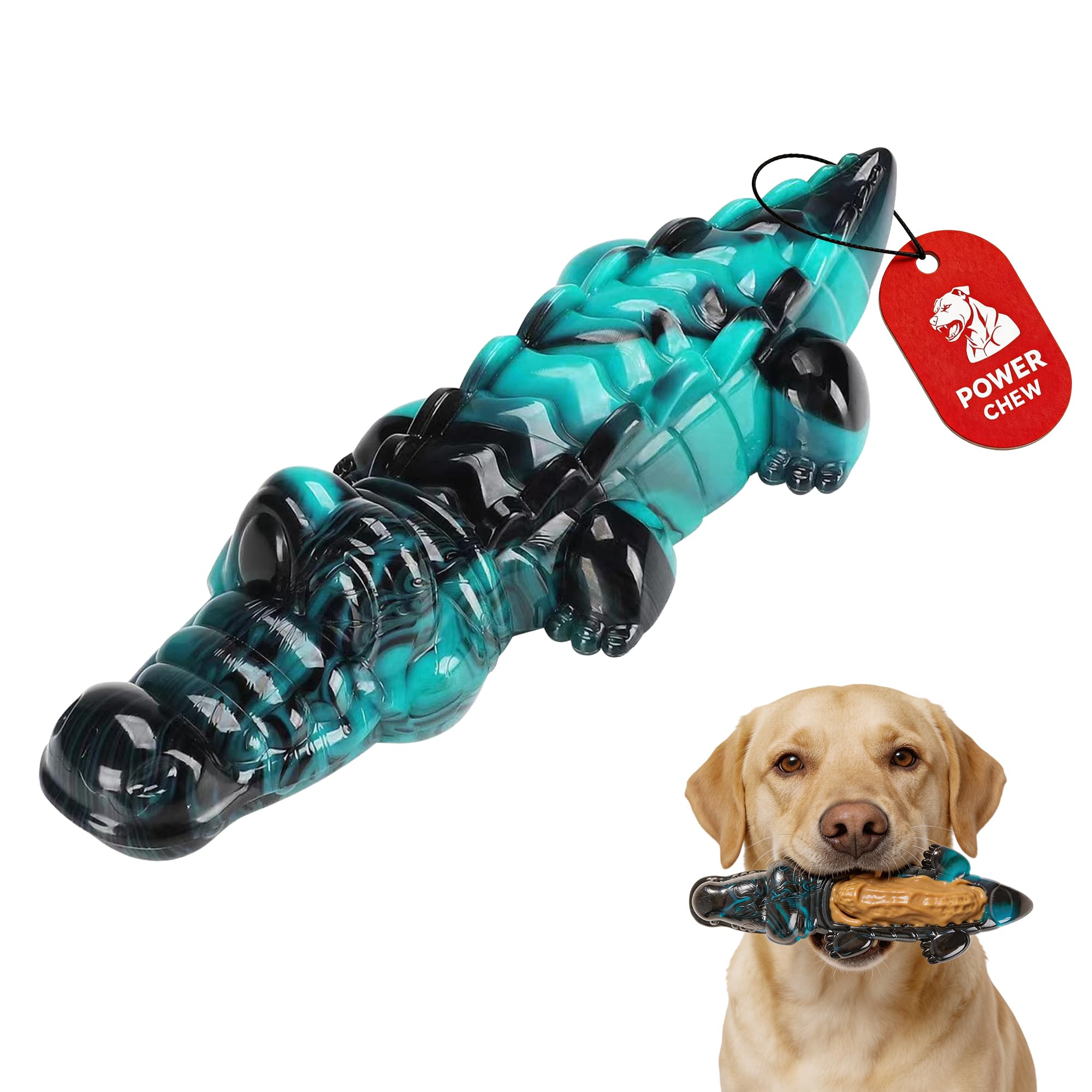 Potaroma Hunde-Kauspielzeug Krokodil, Nylon, Rindfleisch, Petrol/Schwarz | Ca. 23,6 × 7,6 × 4,6 cm; für kraftvolle Kauer ab ca. 27 kg; nicht für Welpen oder kleine Rassen; unterstützt Zahngesundheit
