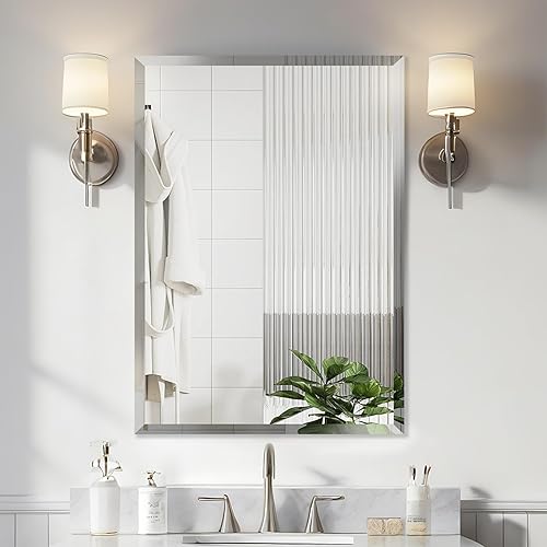 LAMCHMOR Espejo de baño con borde biselado sin marco, espejo de pared rectangular de 24 x 32 pulgadas, a prueba de explosiones e inastillable,