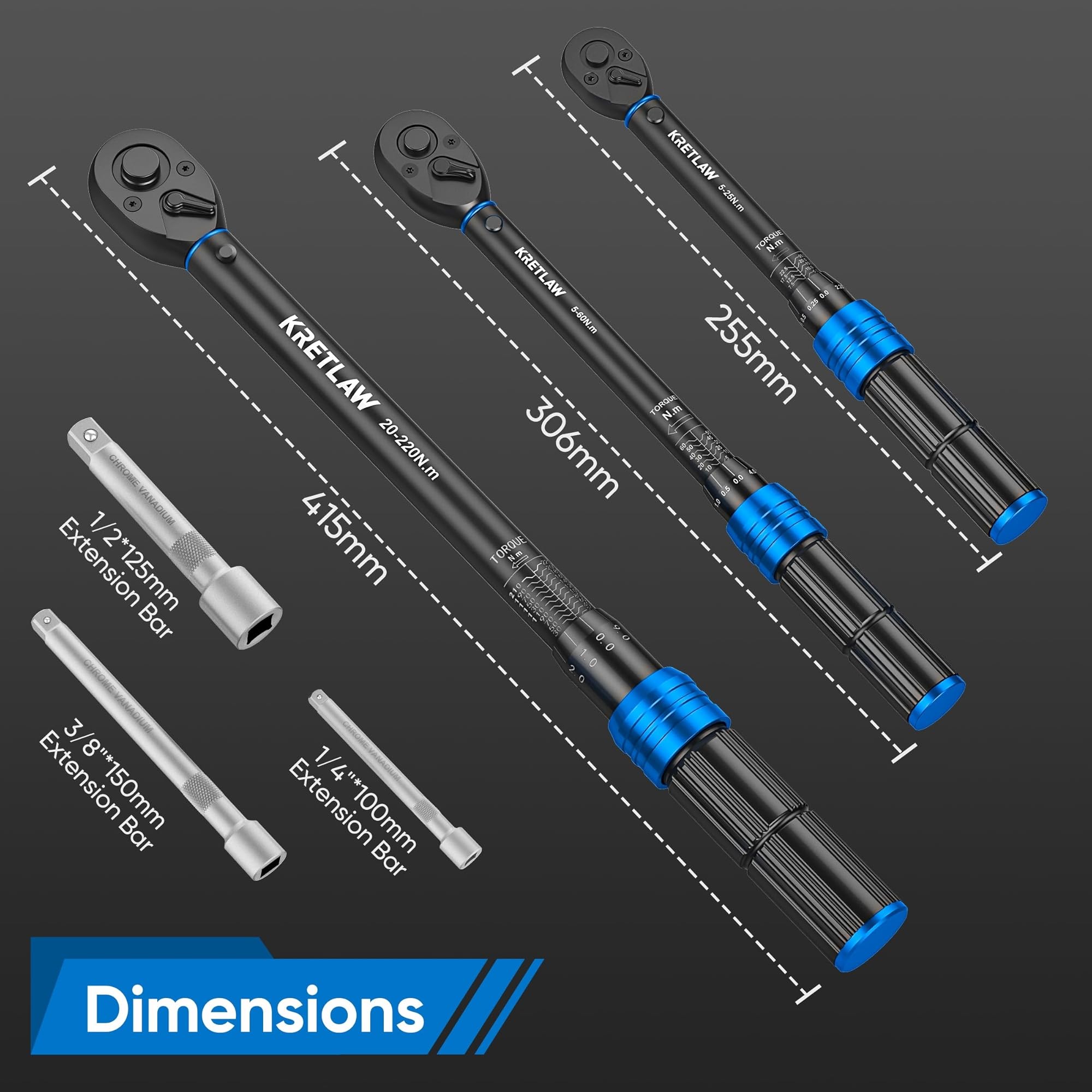 KRETLAW Kit de clés dynamométriques 1/2", 3/8" & 1/4", 6 pièces, 20-220Nm, ±3% précision, cliquet 72 dents
