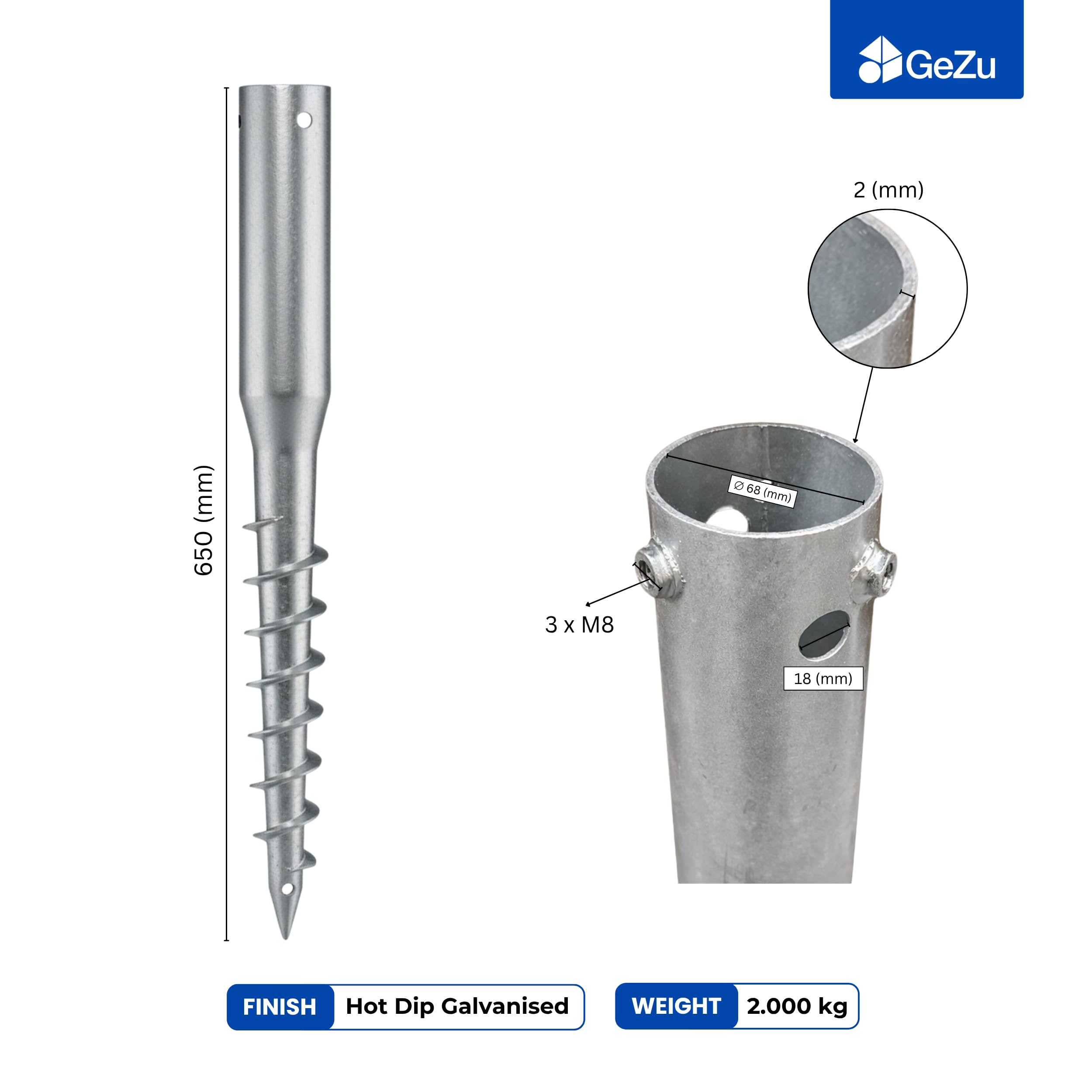 GeZu Impex Tornillo de Tierra Redondo Ø 68 x 650 mm Juego of 12 | Galvanizado en Caliente Tornillo de Cimentación Ancla de Tierra Soporte de Poste Espiral Para Postes de Madera