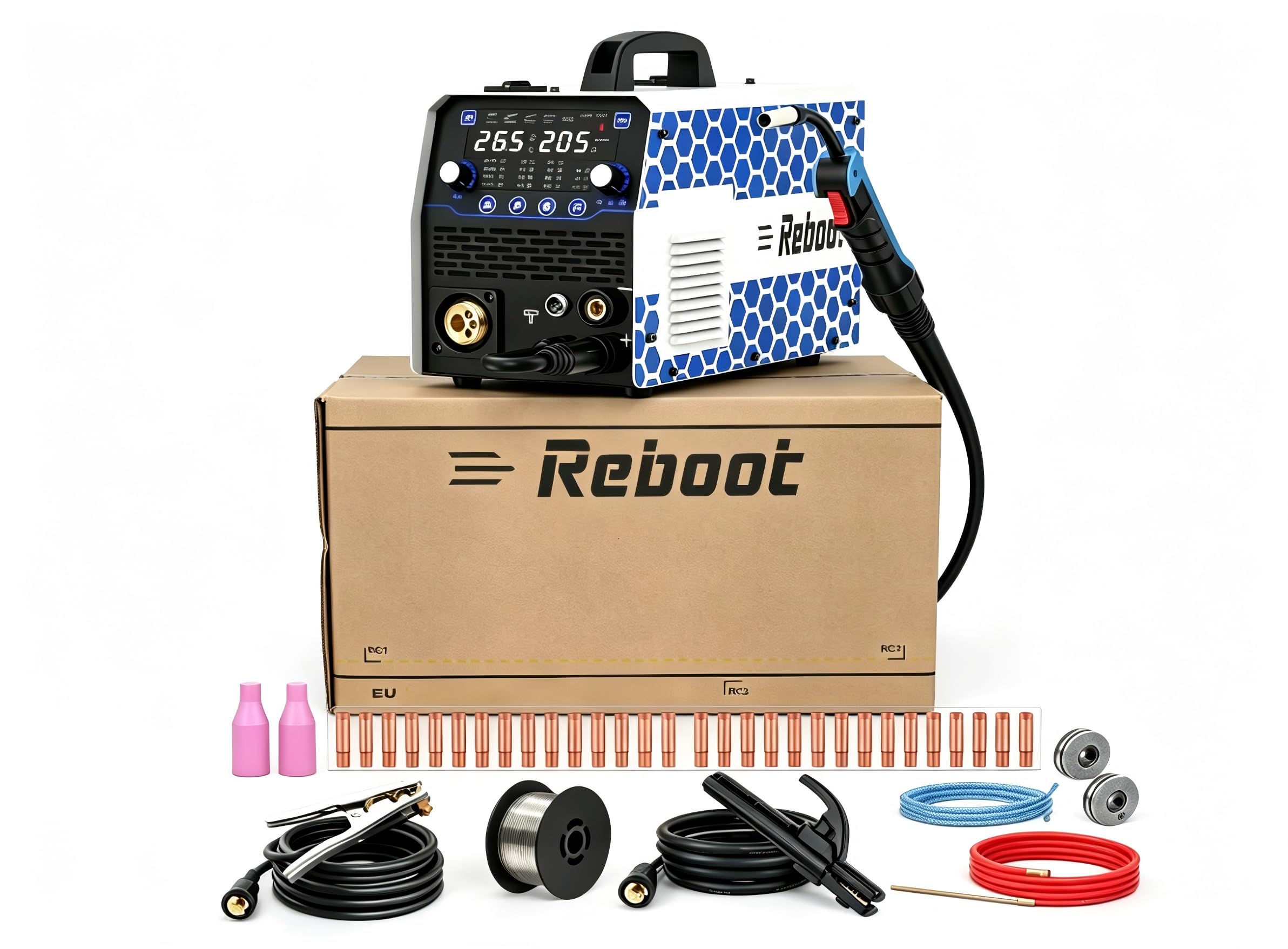 Reboot Soldadora multifunción 7 en 1 205 A – MIG/MAG, sin gas, MMA, Lift-TIG, soldadura por puntos, preparación de aluminio, pantalla digital, 240 V, ideal para bricolaje y taller