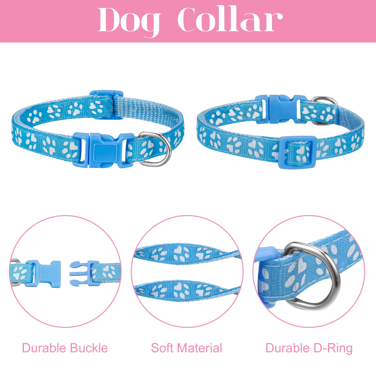 BOUMUSOE 2 Packs Dog Collar and Leash Set, Puppy Collar and Lead Set Quick Release Buckle Adjustable Paw Print Puppy Collar Soft Nylon Pet Collar for Puppy Small Dogs