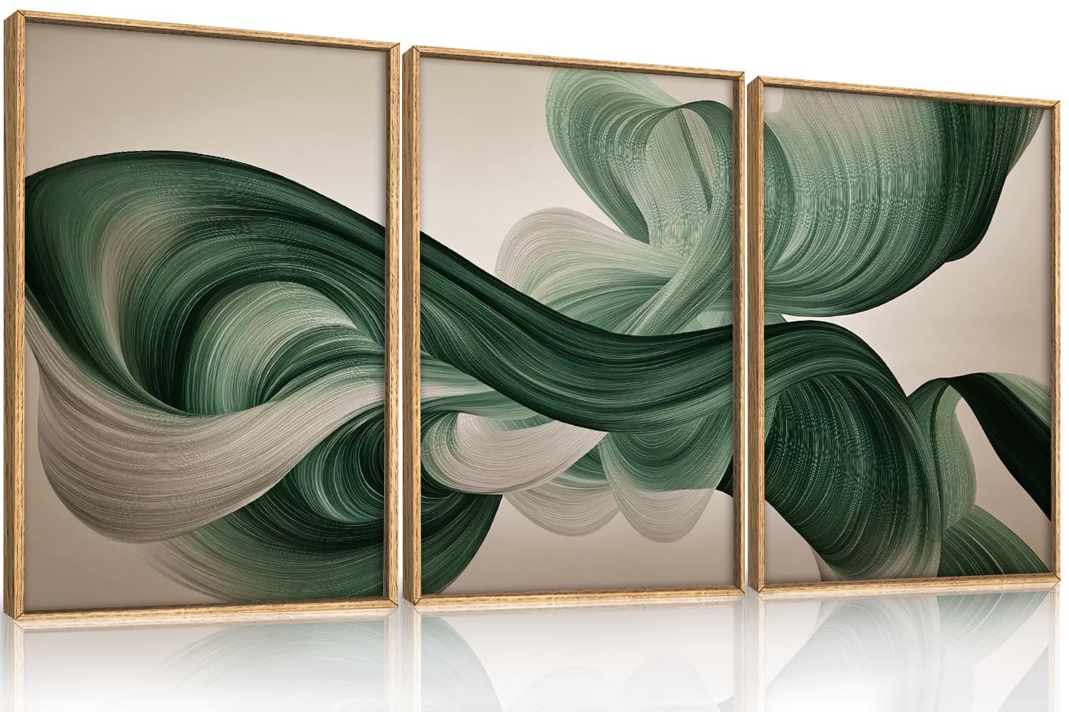 KAIRNE Green Abstract Waves Lines Framed Canvas Wall Art Set-24"x36"x3 | Minimalist Olive Green Wall Decor,Neutral Smoke Shape Art Prints,Modern Flowing Line Artwork for Living Room,Bedroom,Office