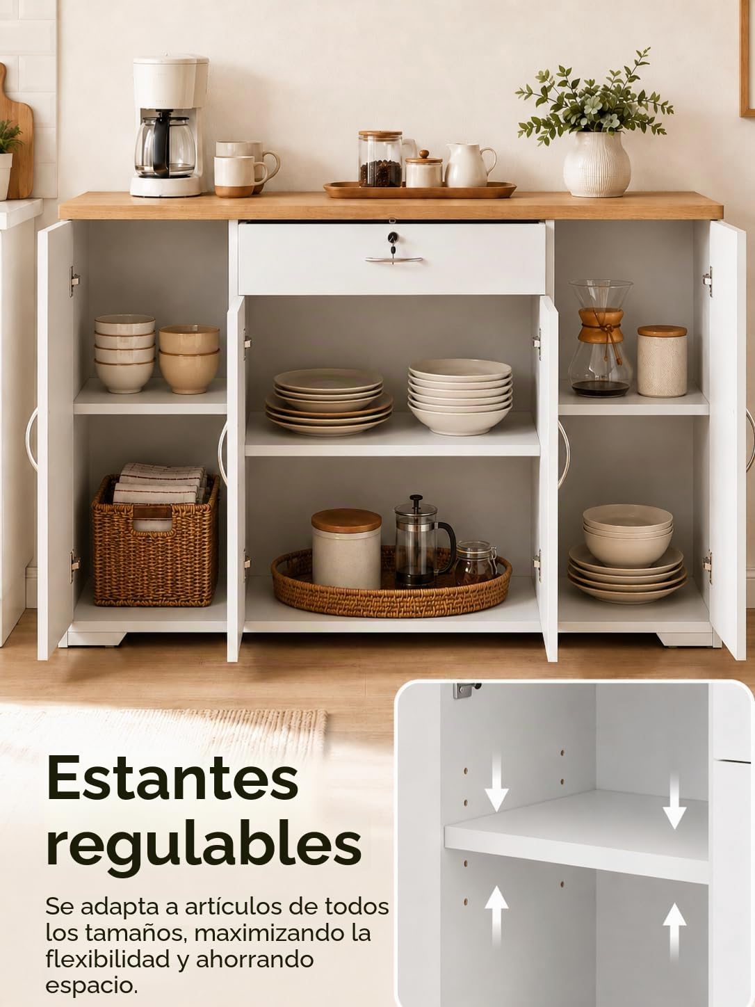 Aparador de Comedor Blanco con 4 Puertas y 1 Cajón 110×30×70cm | Aparador con 4 puertas y 1 cajón que ofrece almacenaje práctico para vajilla, cubiertos y accesorios en el comedor