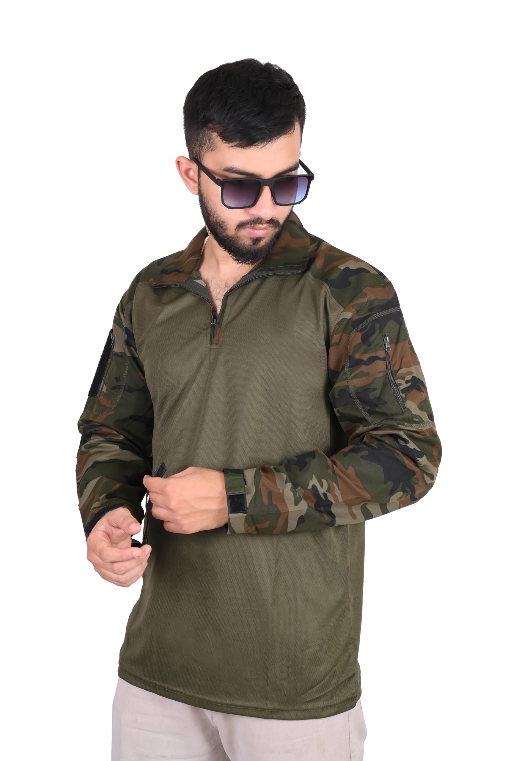 Tactical Combat Shirt, Quarter Zip, Camouflage Sleeves with Olive Green Body, Military Style-image-40