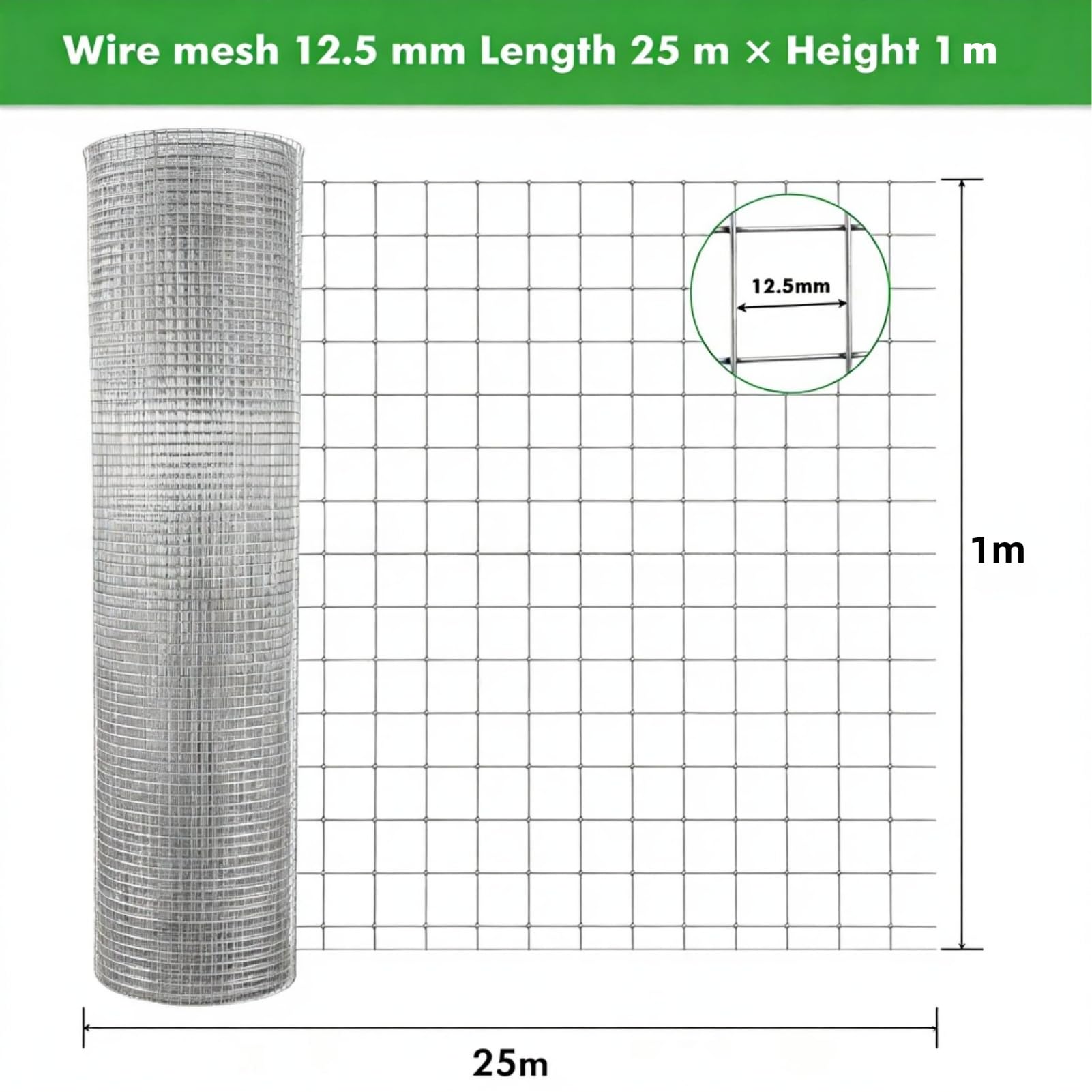 25 m x 1 m Pflanzenschutzgitter, Rostbeständiges Verzinktes Pflanzenschutz, Vogelnetz Vogelschutznetz, Hasenzaun, Zaun für Hunde, Hühnerzaun für Gärten Balkonen Obstgärten usw