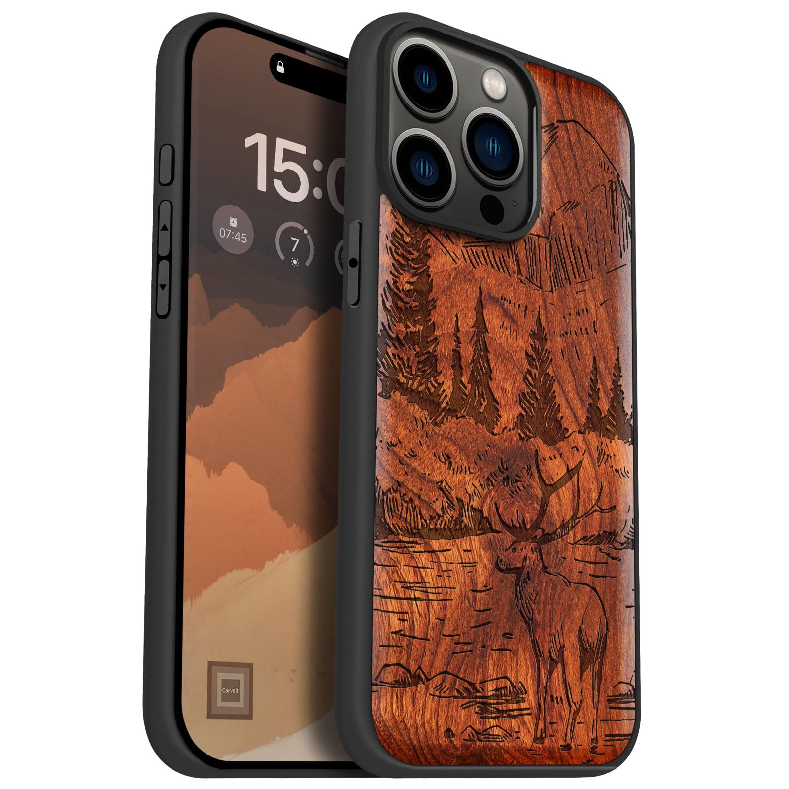Carveit Magnetic Wooden Case for iPhone 15 Pro Max Case, Compatible with MagSafe Wireless Chargers, Black Soft TPU Shockproof Cover & Wood Artisan