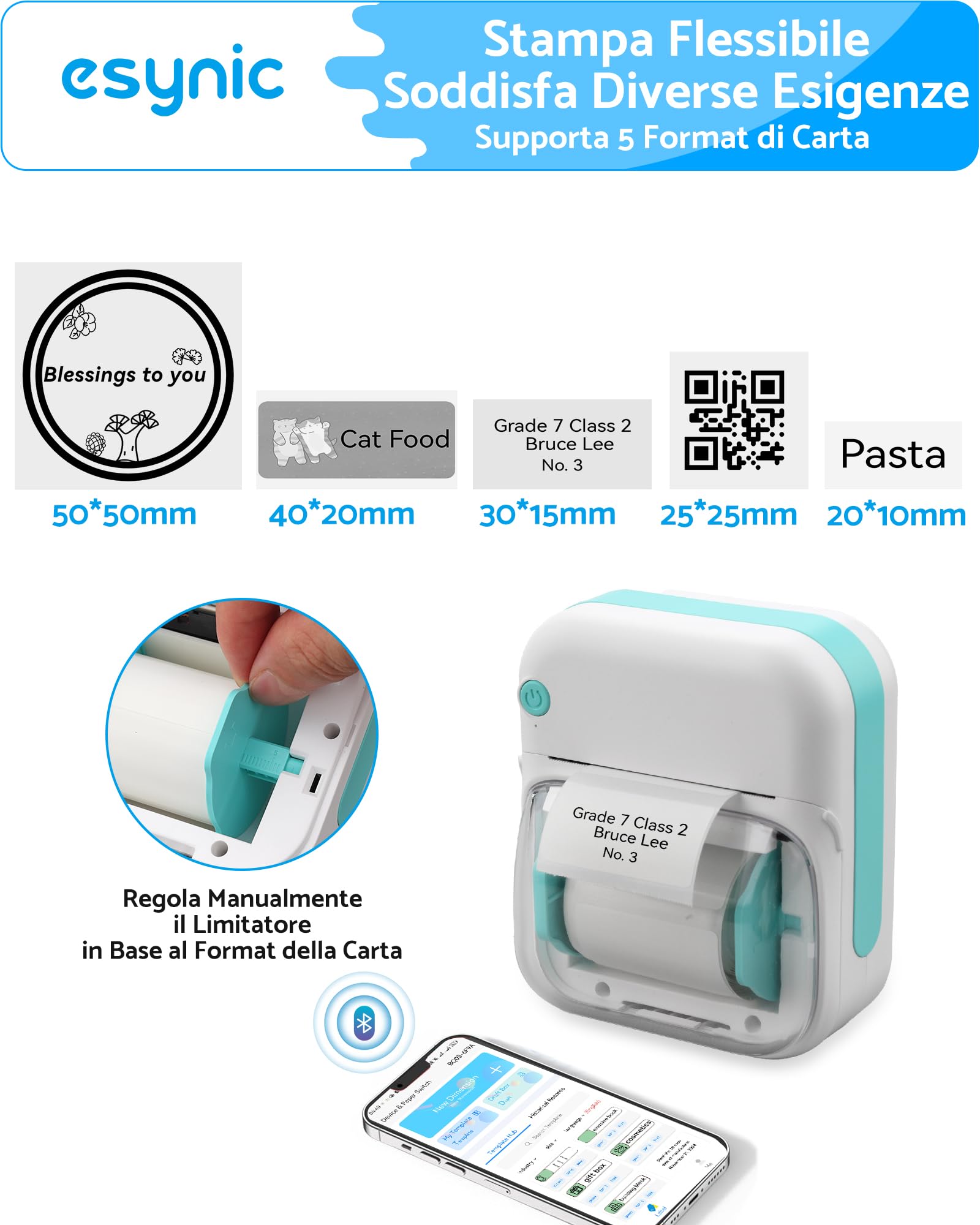 eSynic Mini Etichettatrice Bluetooth e USB con Carta 40x20mm, Cartuccia Visibile con Rullo Rimovibile, Stampante Termica Compatibile con Etichetta 20x10–50x50mm, Ideale per Casa, Ufficio, Studio