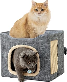 IULONEE Cat Bed for Indoor,4-in-1 Small Dogs House Kitten Cave Large Cats Condo for Pet Up to 16.5lbs with Travel Car Seat Safety Leashes and Scratch Pad,Foldable Cat Hideaway Nest (Grey)