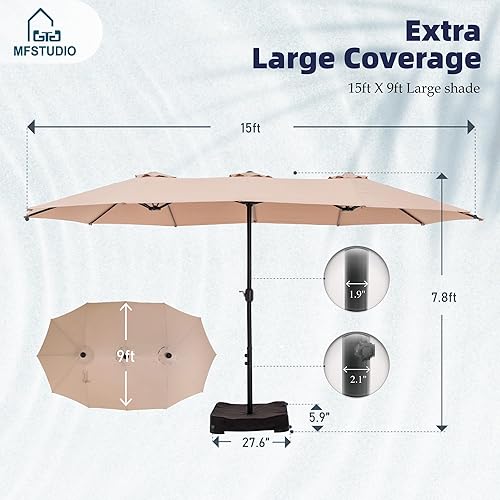 Miniatura 6 de MFSTUDIO Sombrilla de patio al aire libre de 15 pies de doble cara, sombrilla de mercado extragrande con manivela, base incluida