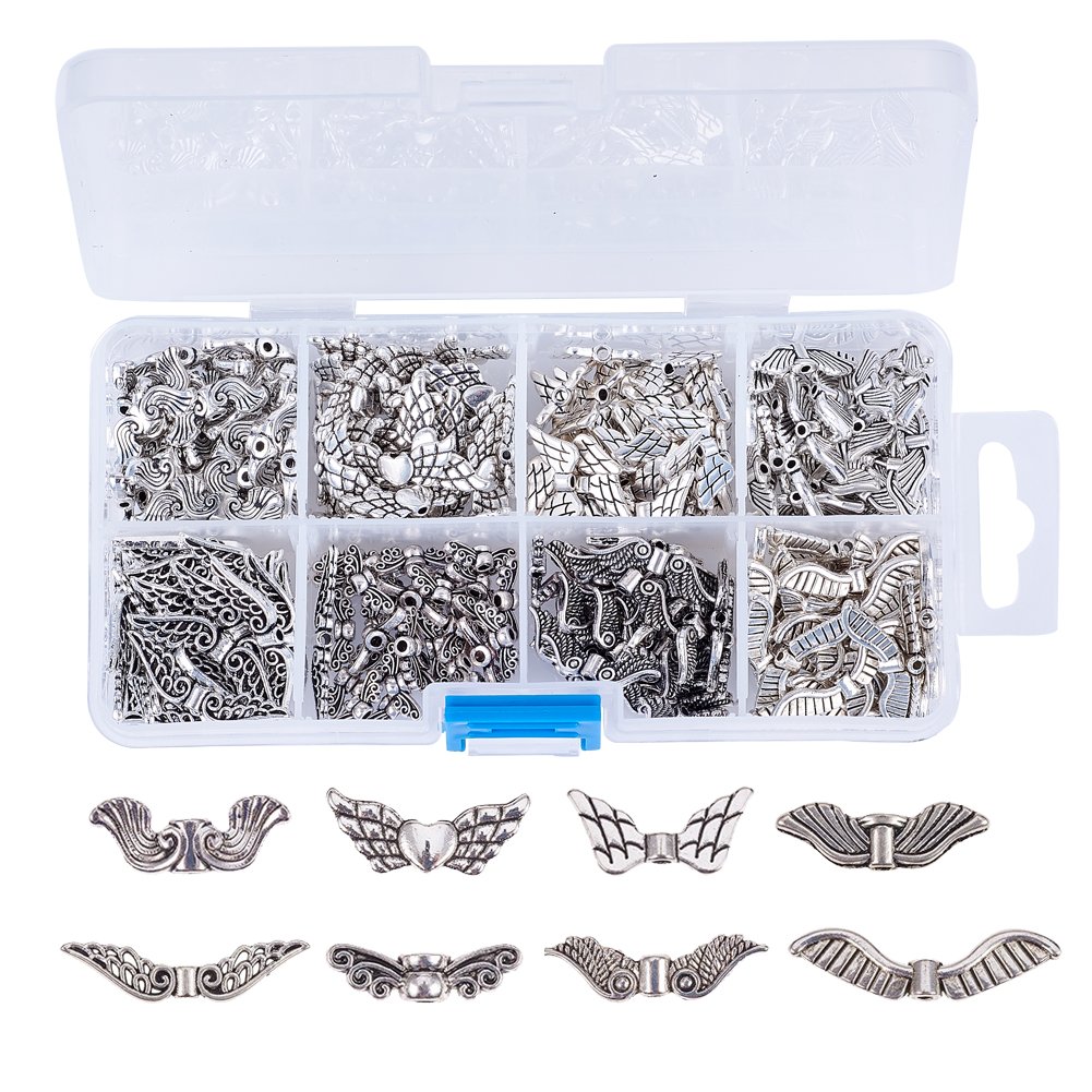 KISSITTY Assorted 8 Styles Antique Silver Plated Alloy Wing Charm Beads Spacers with Container Box for Jewelry Making About 240pcs/box