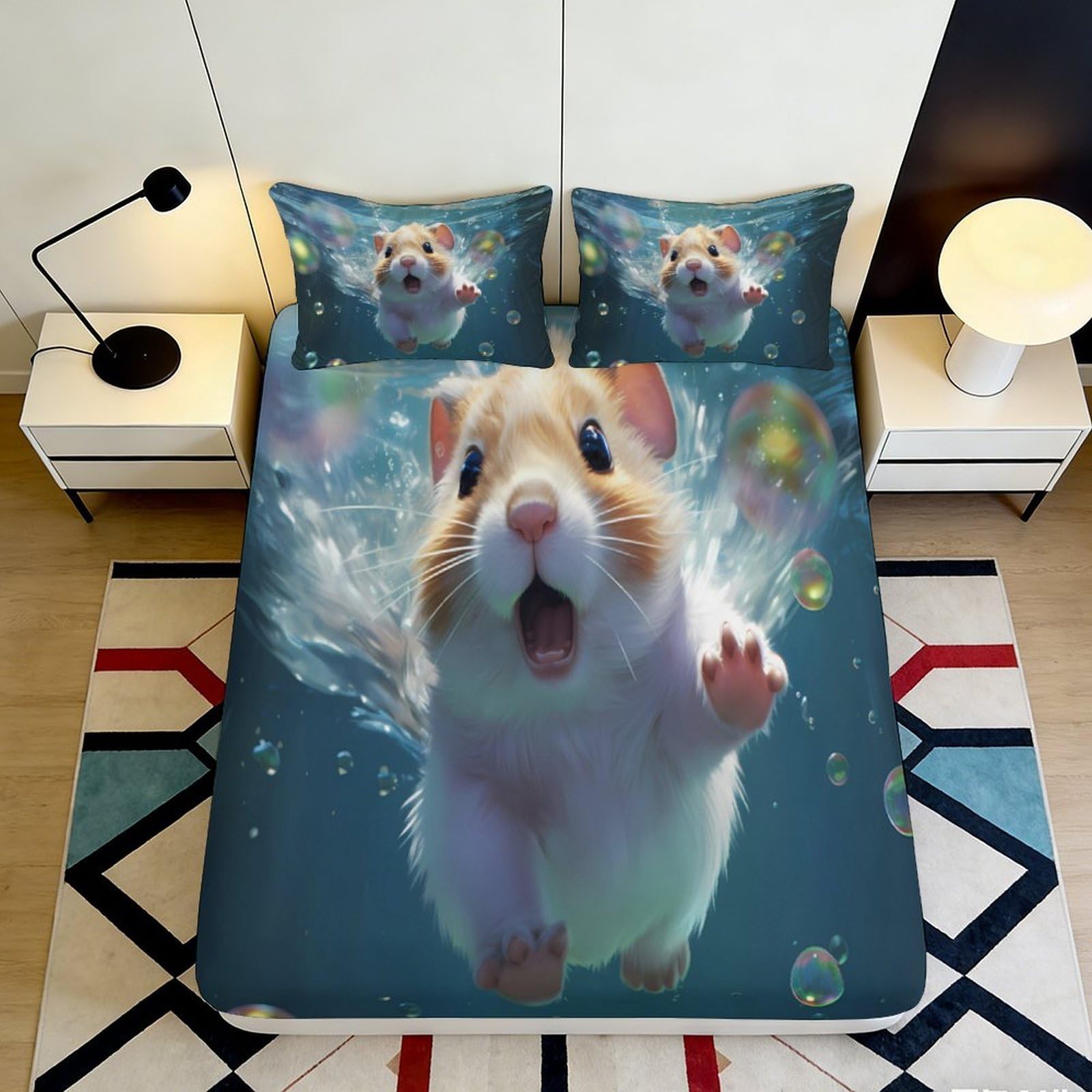 3D Printed Cute Hamster Fitted Sheet Microfiber Soft Anti-Slip Bubble Art Mattress Cover for Bedroom Dorm Decor 120x200x25cm