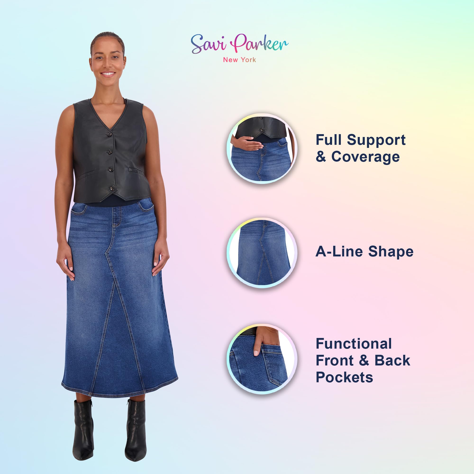 Savi Parker Denim Umstandsrock Maxirock mit Taschen - A Linie Umstandsjeans über dem Bauch Lange Schwangerschaft Jeansrock