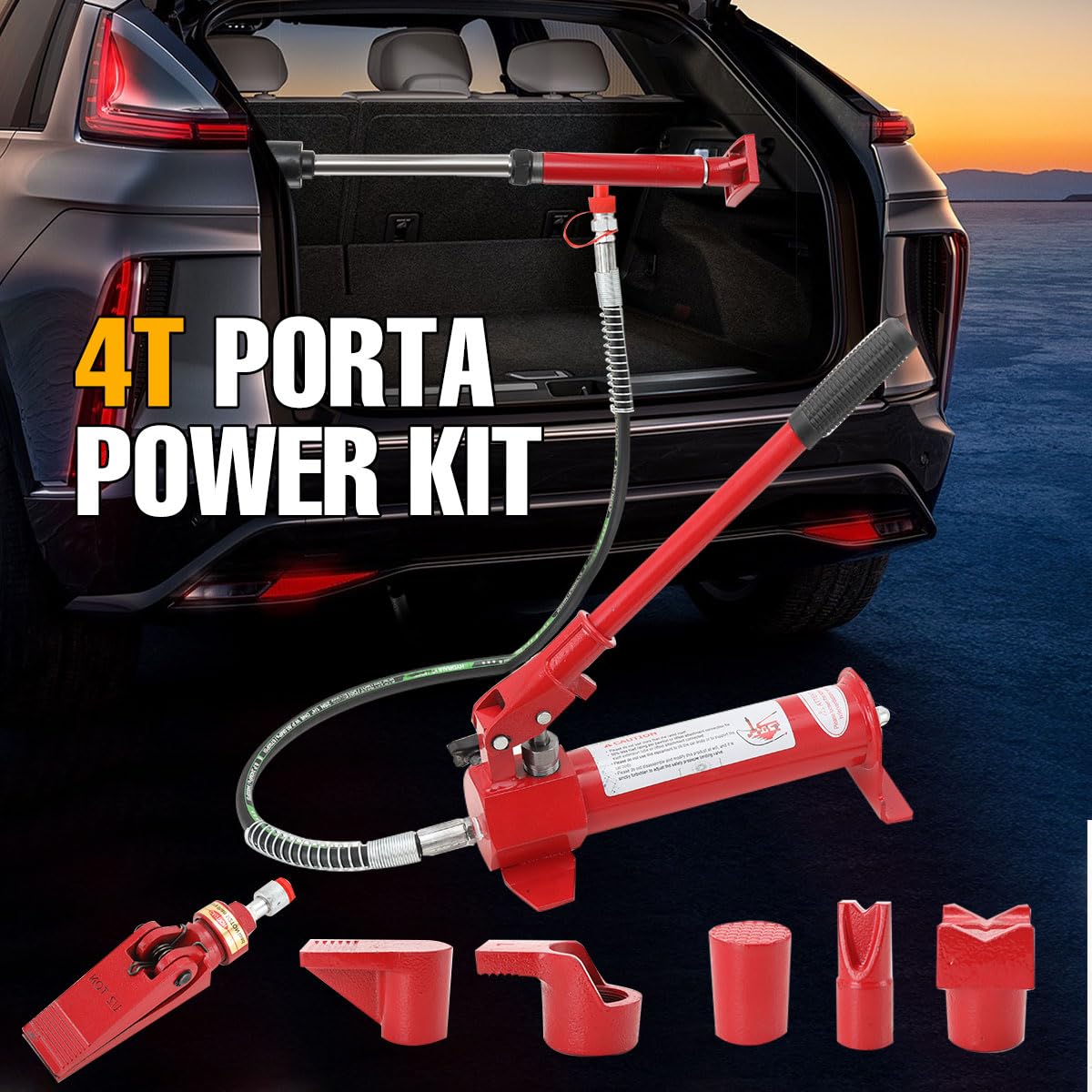 Zestaw podnośnika hydraulicznego Porta Power, 4-tonowy podnośnik samochodowy z pompą, zestaw narzędzi do naprawy ram samochodów osobowych i dostawczych z 4 rurami przedłużającymi, narzędzie do