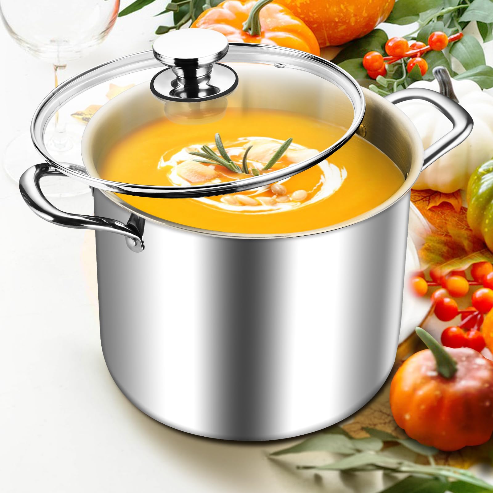HaWare Olla grande de acero inoxidable de tres capas de 10 L con tapa visible para pasta/carne/sopa, olla de inducción de metal, apta para todas las estufas de cocina, saludable y no tóxica, apta para