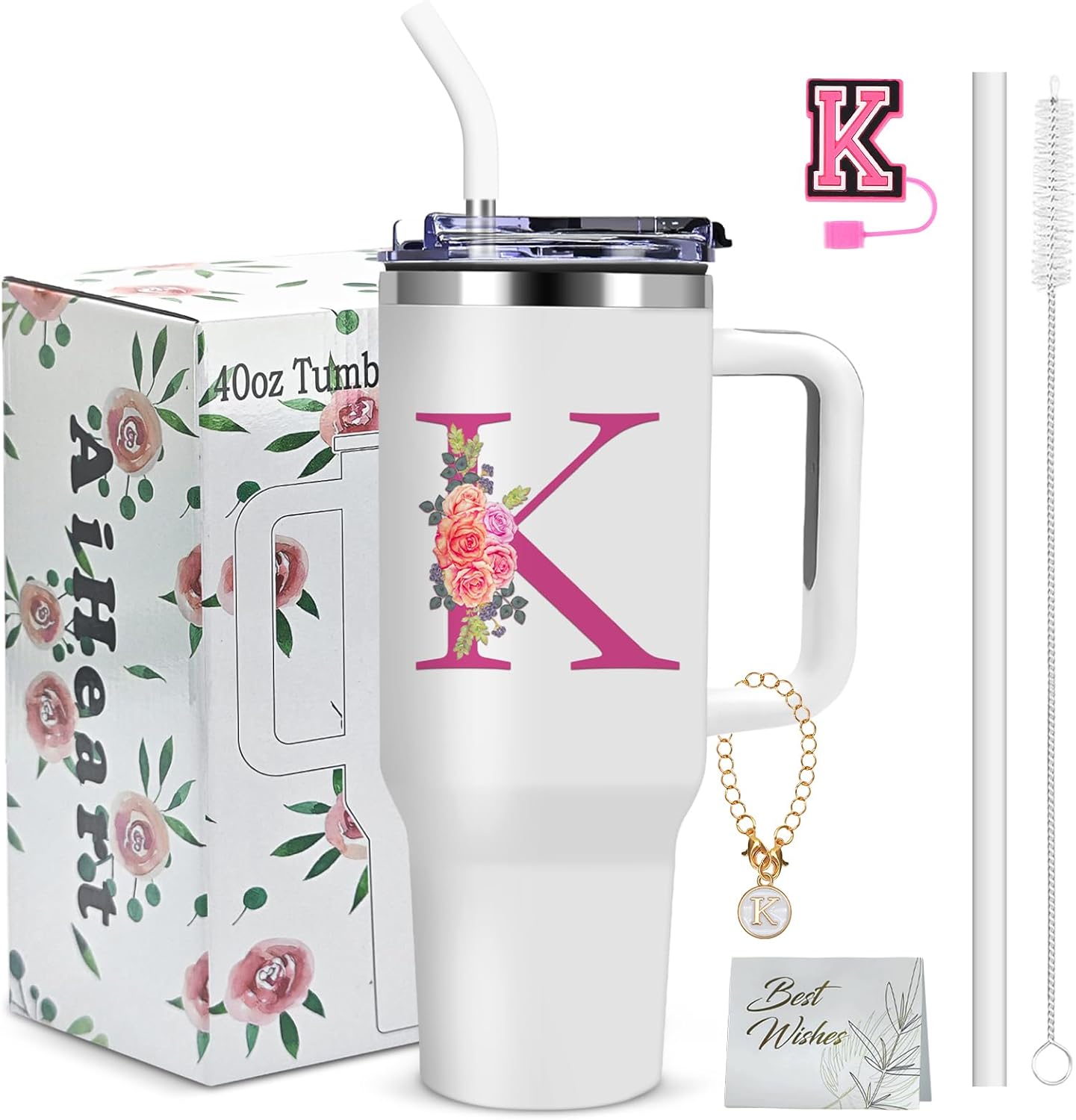 40oz Initial Tumbler,Personalized Gift for Women,Sister,Wife,Best Friend,Monogrammed Gifts for Birthday, Christmas,Custom Tumbler,Cute Tumblers with Straws-K
