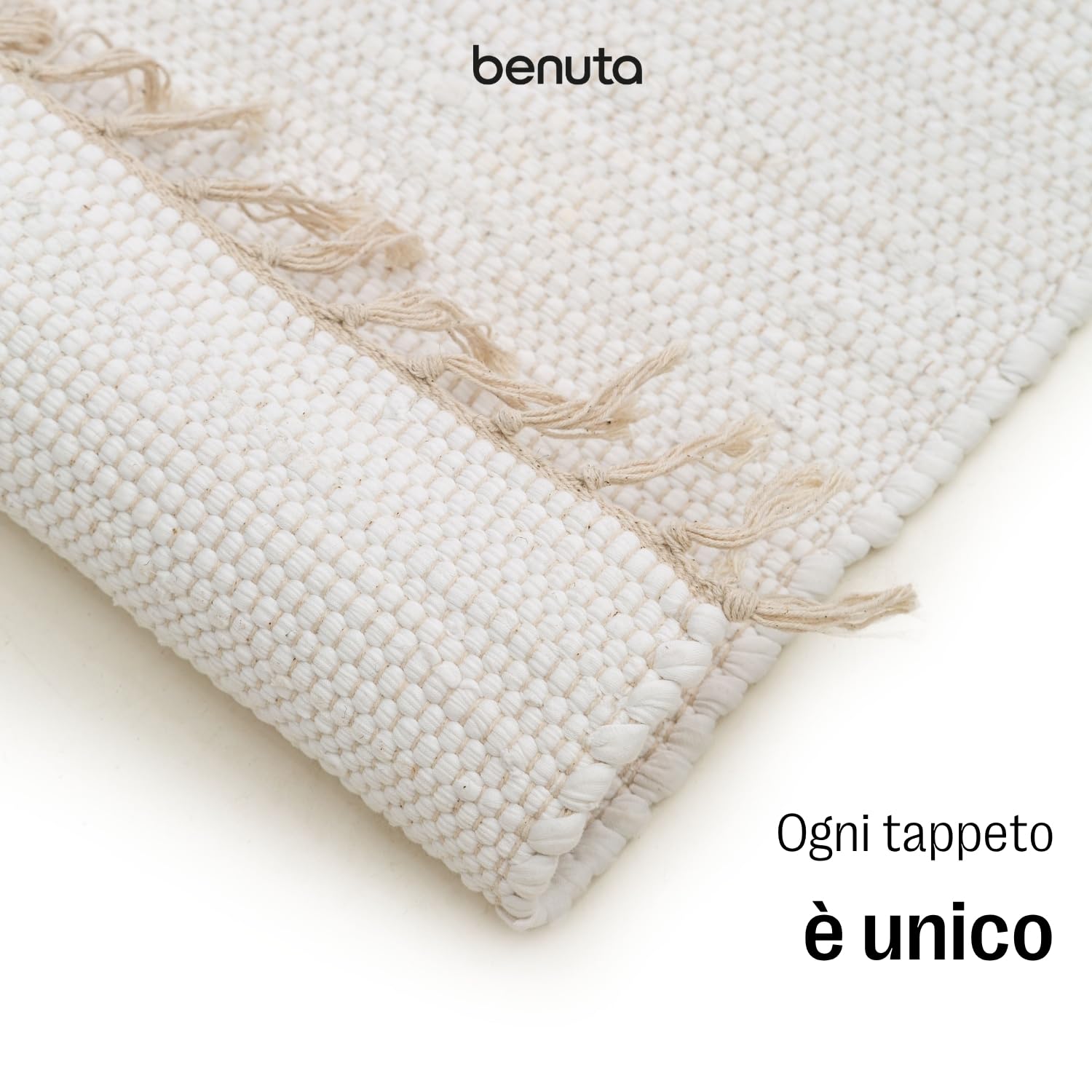 benuta Pop Tappeto cotone Tom - Crema 70x120 cm - Tessuto a mano per camera da letto, salotto, soggiorno - Riciclato - Adatto al riscaldamento a pavimento