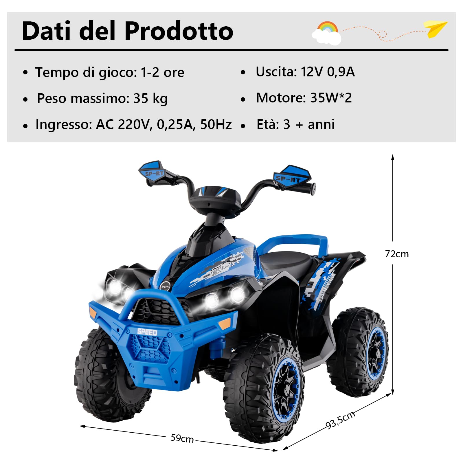 RELAX4LIFE Quad Elettrico per Bambini 3-8 Anni con Velocità Regolabile, Auto a Batteria Multifunzione 12V con Anteriore e Posteriore, Luci a LED, Musica, Pedale, Clacson, Carica 35KG (BLU)