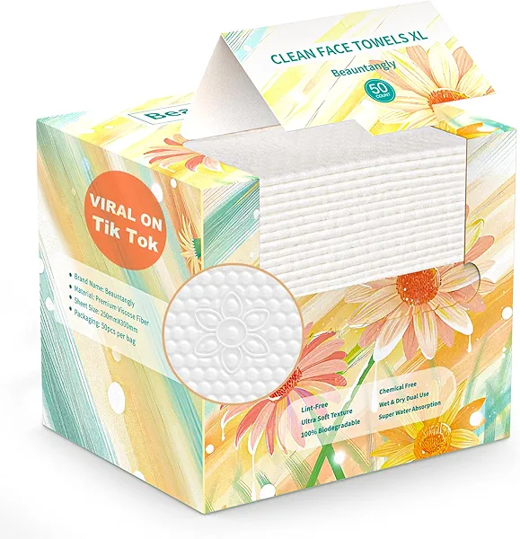 Beauntangly Disposable Face Towel, XL Unscented Facial Towelettes Soft Thick Absorbent, Lint-Free Biodegradable Makeup Remover Dry Wipes Clean Skin Care Washing Drying Camping Travel Essentials, 50 Ct