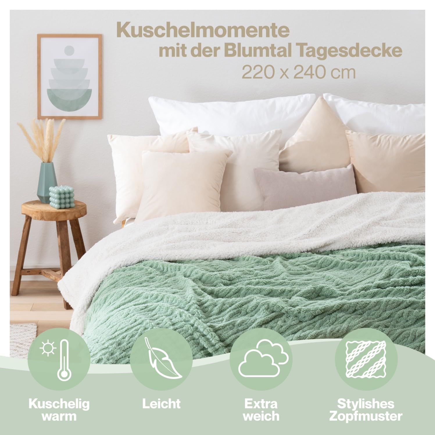 Blumtal Kuscheldecke 220x240 cm mit Zopfstrick-Optik - Oeko-TEX zertifizierte Mikrofaser Fleecedecke 220x240 cm mit weicher Sherpa-Innenseite - Sherpa Decke flauschig - Grün/Weiß